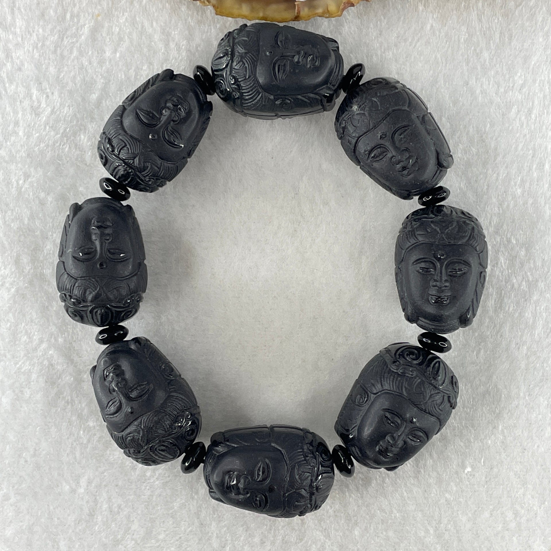 Type A Opaque Black Omphacite Jadeite Guan Yin Head Beads Bracelet 117.05g 16cm 19.7mm 8 Beads - Huangs Jadeite and Jewelry Pte Ltd
