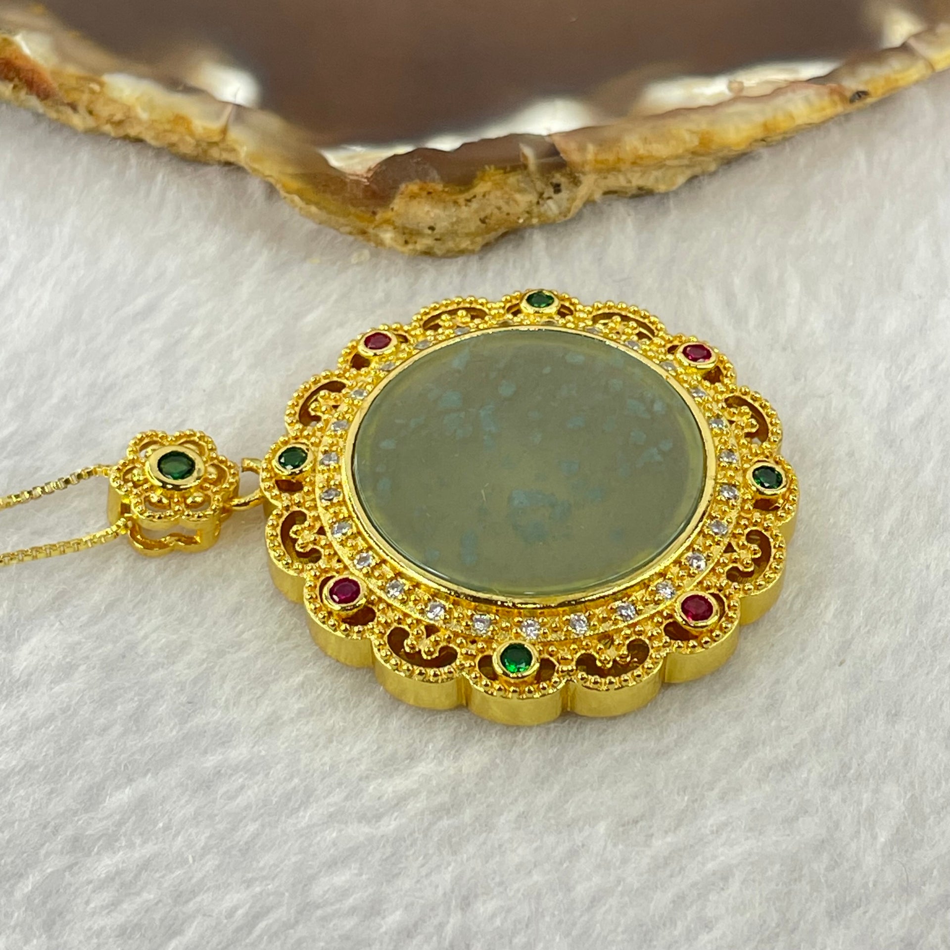 Type A Icy Light Blueish Green Jadeite Wu Shi Pai Pendent in S925 Silver Gold Pendant and Necklace 15.17g 26.0 by 2.0mm - Huangs Jadeite and Jewelry Pte Ltd