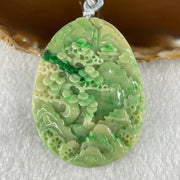 Type A Green with Yellow Spicy Green Piao Hua and Light Brown Patches Jadeite Double Sided Shan Shui with Gui Ren Benefactor Pendant 30.43g 54.0 by 40.8 by 8.4mm - Huangs Jadeite and Jewelry Pte Ltd