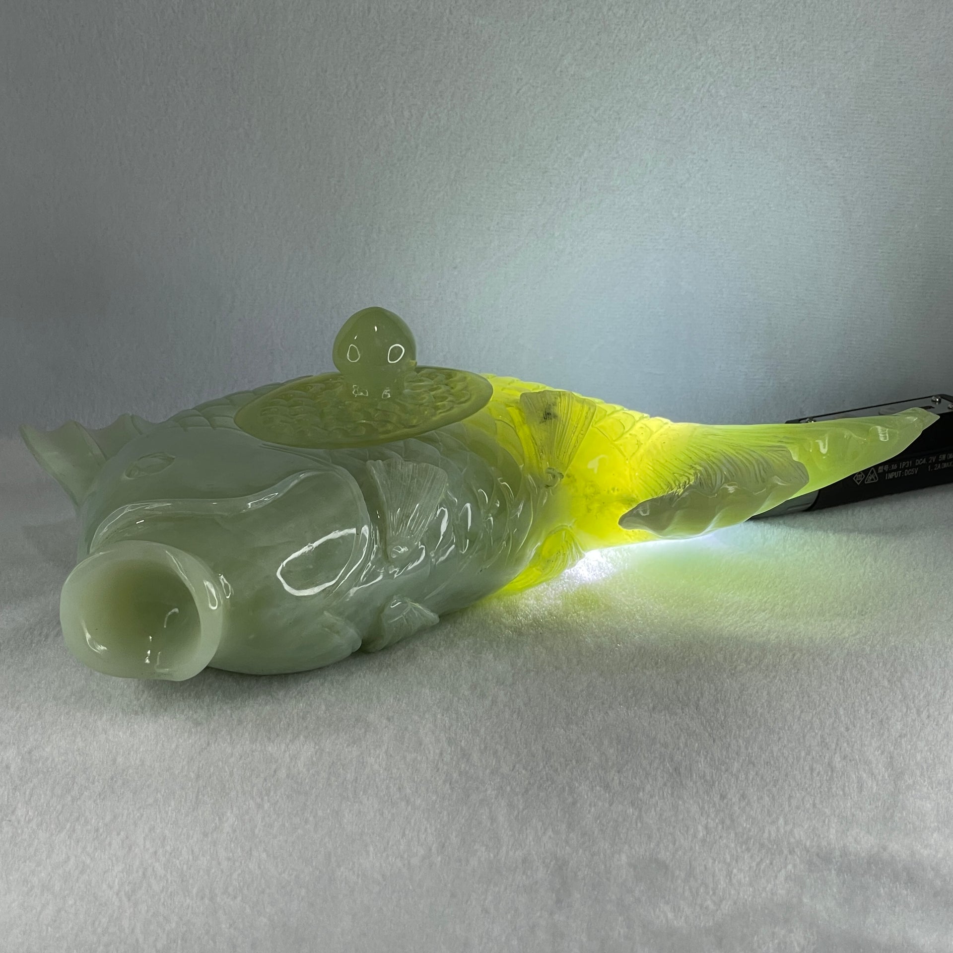 Natural Green with White Serpentine Carp Fish Pot Display 2,270.6g 285.0 by 182.0 by 90.0mm - Huangs Jadeite and Jewelry Pte Ltd