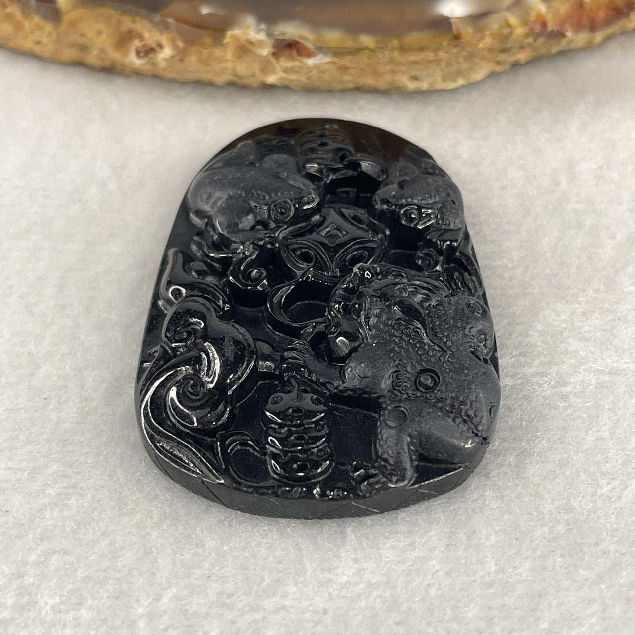 Certified Natural Type A Black Omphacite Jadeite Jadeite Triple 3 Legged Toad Chan Chu with Coins and Ruyi Pendant 17.95g 50.5 by 33.2 by 8.5mm