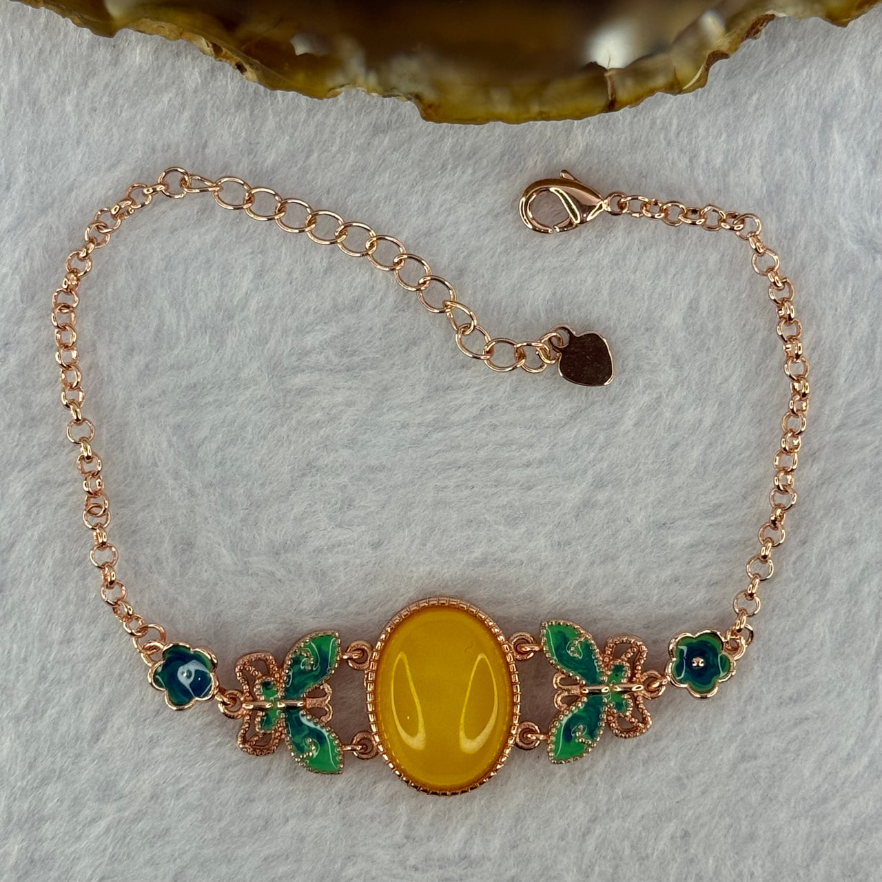 Natural Butterscotch Amber Beads Silver Rose Gold Color Butterfly Bracelet 5.96g 16.7 by 13.0 by 5.5mm - Huangs Jadeite and Jewelry Pte Ltd