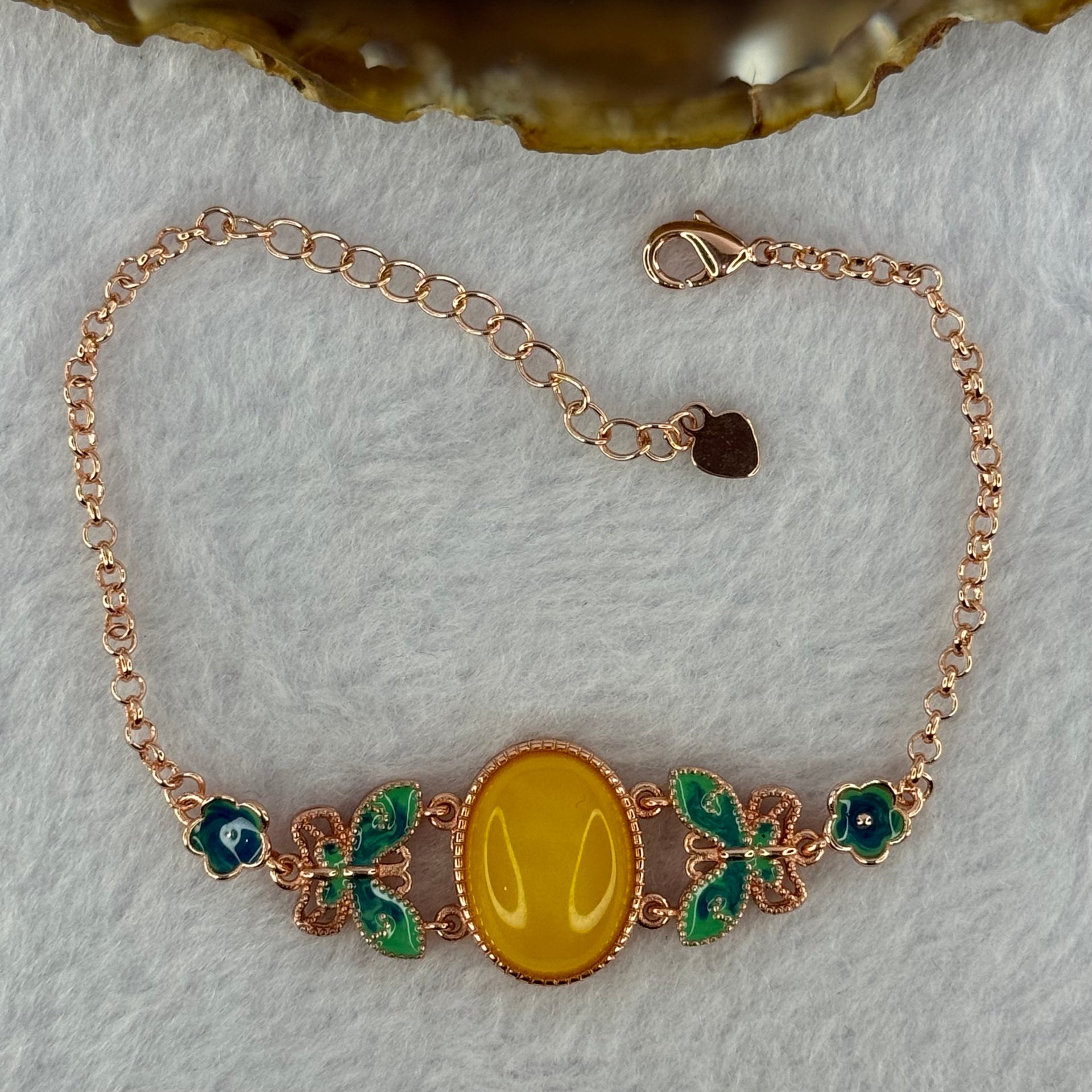 Natural Butterscotch Amber Beads Silver Rose Gold Color Butterfly Bracelet 5.96g 16.7 by 13.0 by 5.5mm - Huangs Jadeite and Jewelry Pte Ltd