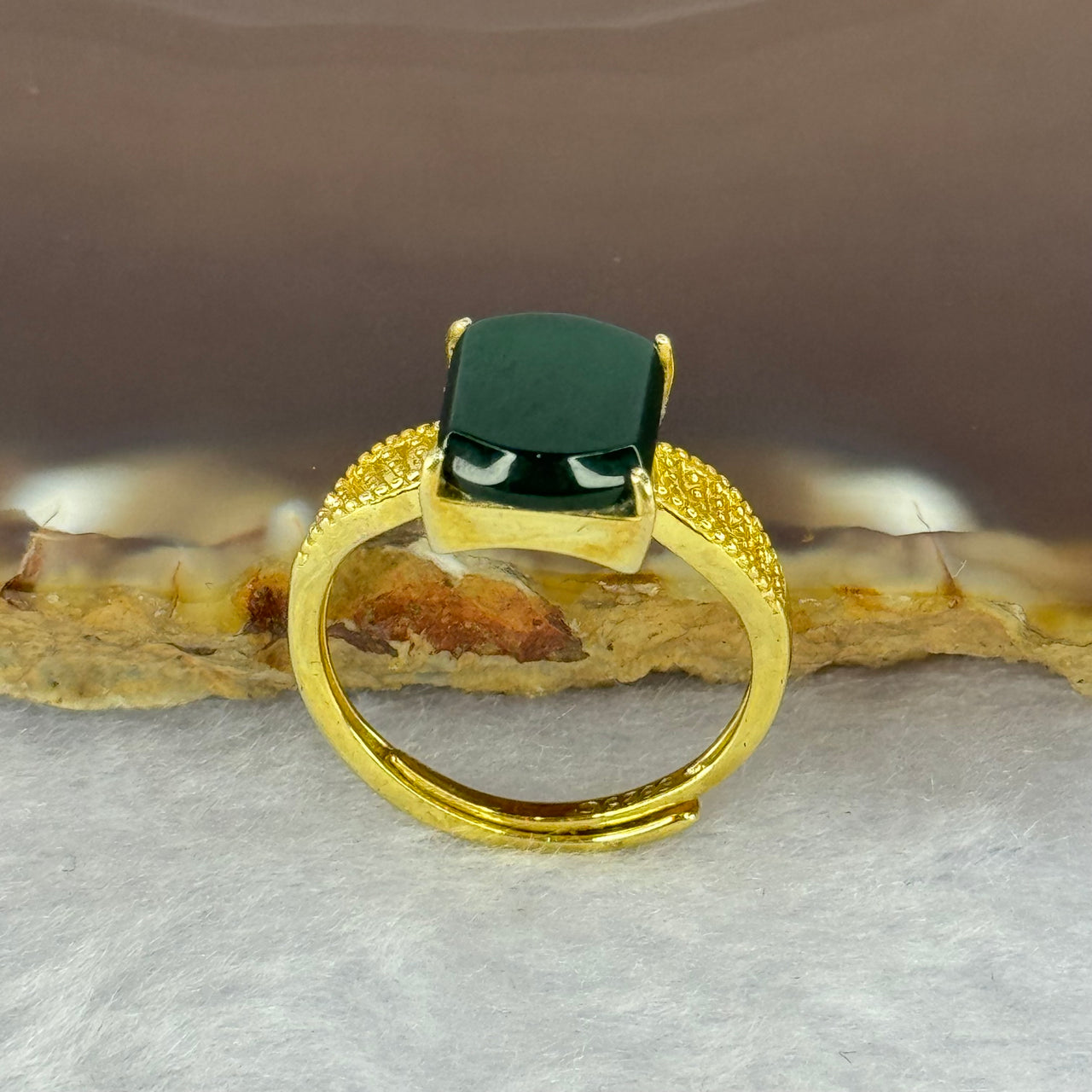 Type A Icy Green Omphasite Jadeite with Crystals in S925 Sliver Ring Gold Color (Adjustable Size) 2.35g 10.4 by 6.2 by 2.5mm - Huangs Jadeite and Jewelry Pte Ltd