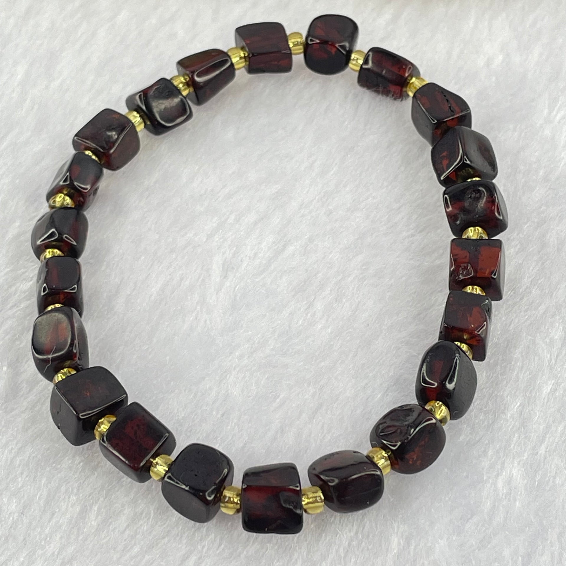 Natural Dark Blood Red Amber Cubes Bracelet 天然血珀手链 4.89g 15.5cm 6.3mm 22 Beads - Huangs Jadeite and Jewelry Pte Ltd