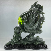 Natural Dark Green Serpentine Double Carp Fish with Gui ren and Lotus and Twin Ducks with Wooden Stand Display 2,032.7g 242.0 by 95.0 by 263.0mm - Huangs Jadeite and Jewelry Pte Ltd
