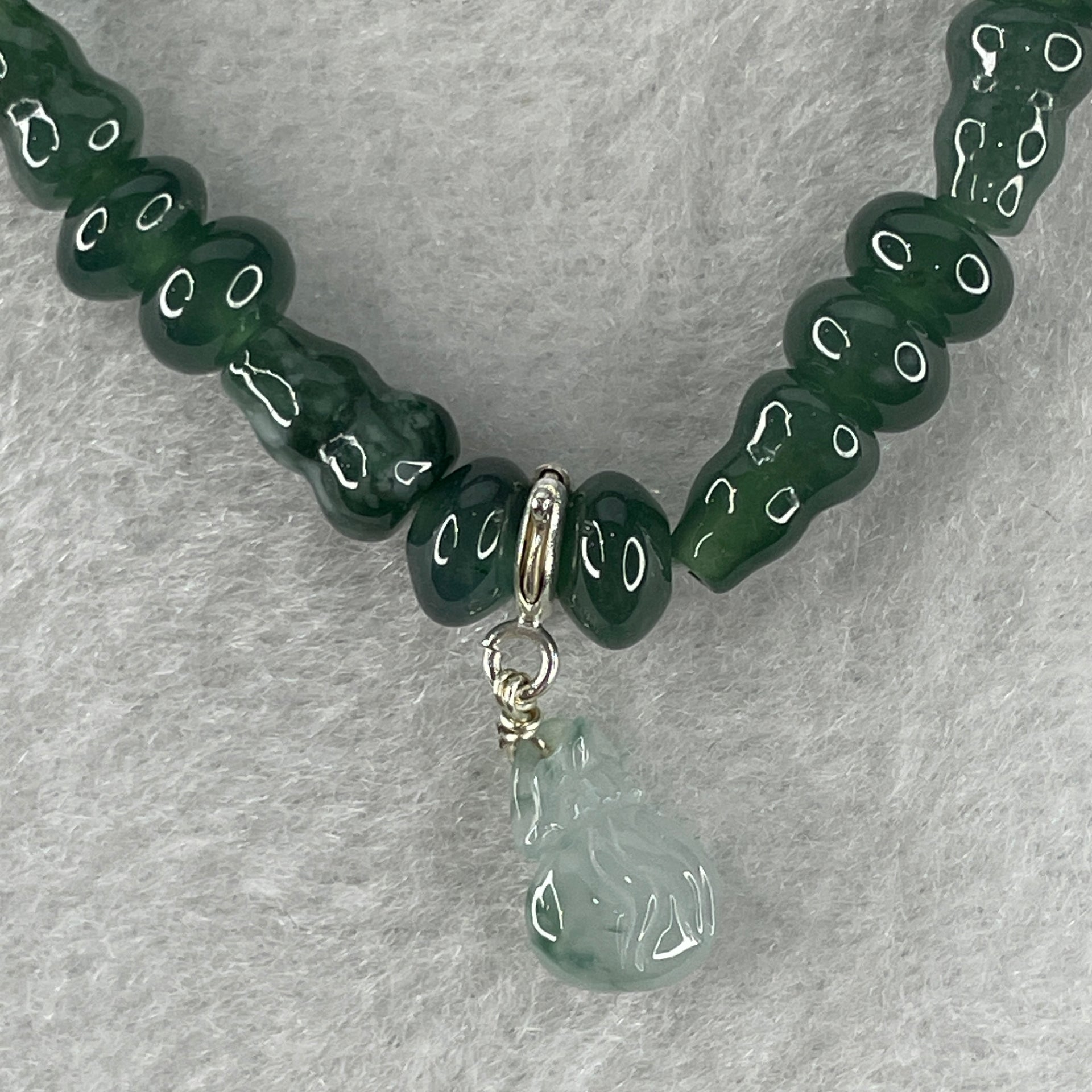 Natural Type A Blueish Green Jadeite Donut Shape Beads with Hulu Shape Charm with Icy Colorless Jadeite Hulu Charm Bracelet 11.79g 12cm 6.9mm 18 Beads Hulu 9.3 by 6.0mm 7 Pieces - Huangs Jadeite and Jewelry Pte Ltd