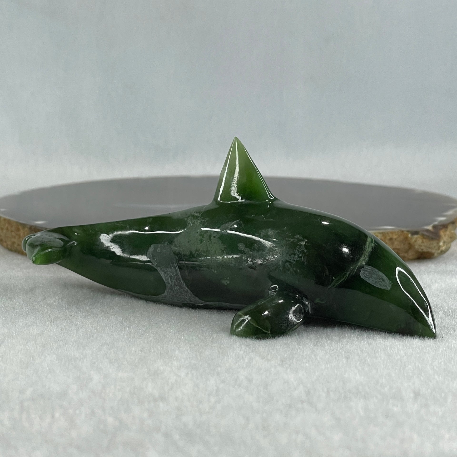 Natural Dark Green Serpentine Killer Whale Display 130.1g 122.0 by 52.0 by 50.0mm - Huangs Jadeite and Jewelry Pte Ltd