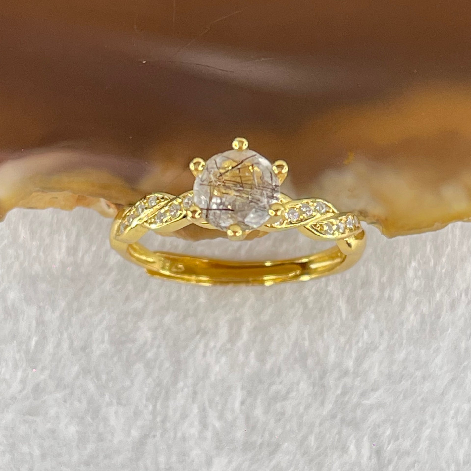 Natural Quartz with Black Tourmaline and Cubic Zirconia in S925 Sliver Gold Color Ring (Adjustable Size) 1.63g 5.7 by 3.8mm - Huangs Jadeite and Jewelry Pte Ltd
