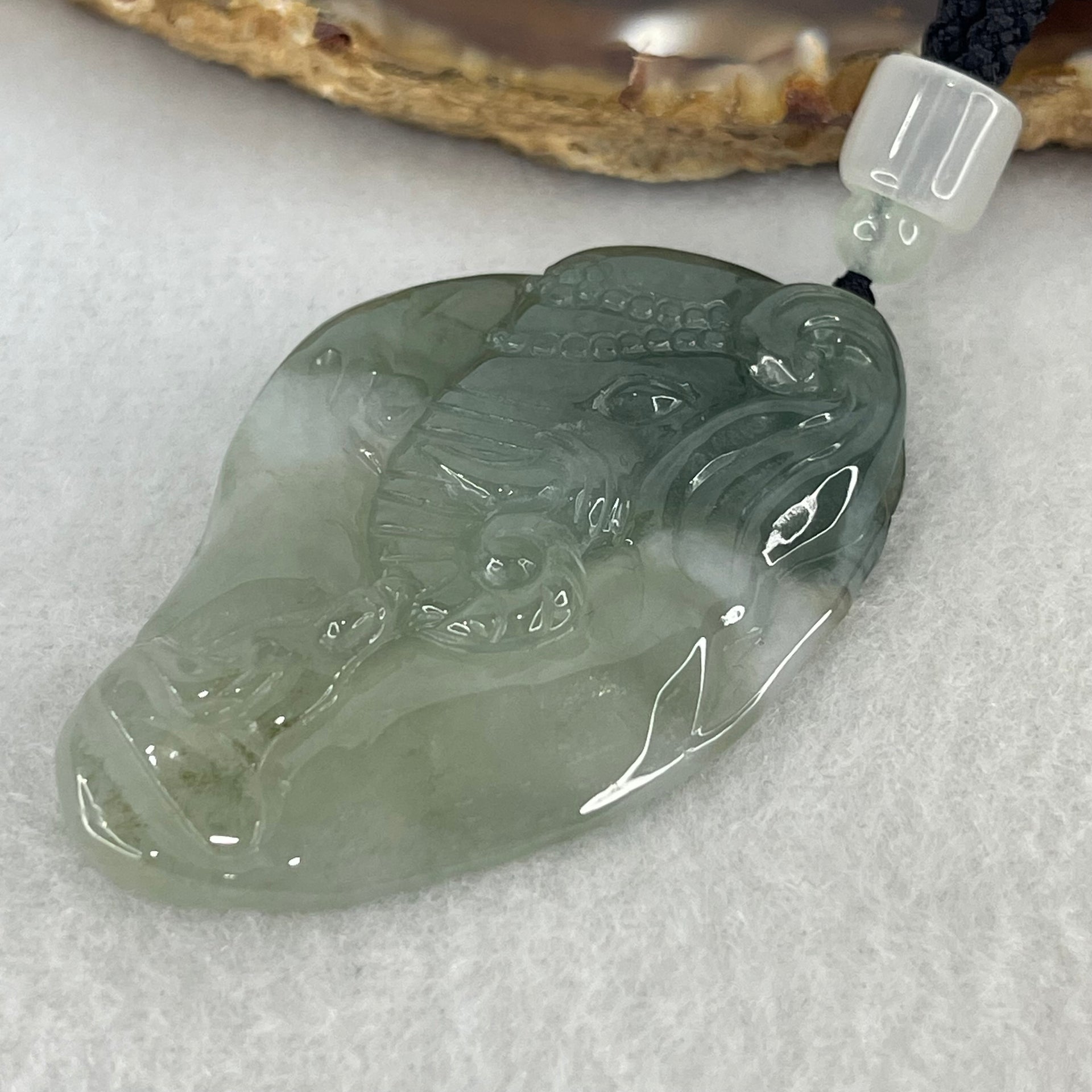 Type A Semi Icy Blueish Green  Jadeite Guan Yin and Elephant Samantabhadra Bodhisattva Pendant 21.65g 51.8 by 33.7 by 7.9mm - Huangs Jadeite and Jewelry Pte Ltd