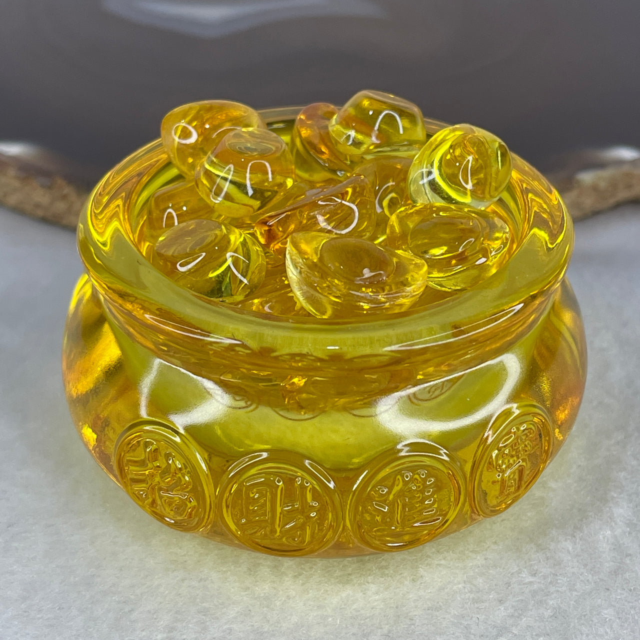 Golden Yellow Liuli Prosperity Wealth Pot with Mini Ingots | Authentic Feng Shui Wealth Basin (Treasure Bowl) | Ultimate Abundance, Success & Cash Flow Manifestation Magnet (59.2x41.0mm | 160.55g)