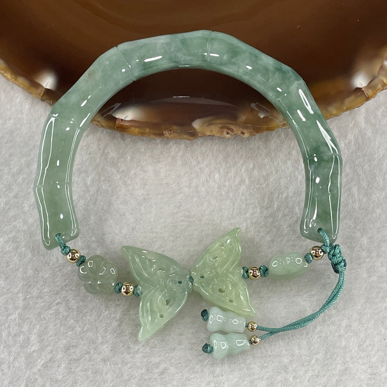 Natural Type A Jelly Light Green with Blueish Green Spot Jadeite Bamboo with Butterfly Bracelet 30.68g 16cm 8.1 by 9.8mm - butterfly 23.1 by 13.1 by 5.2mm