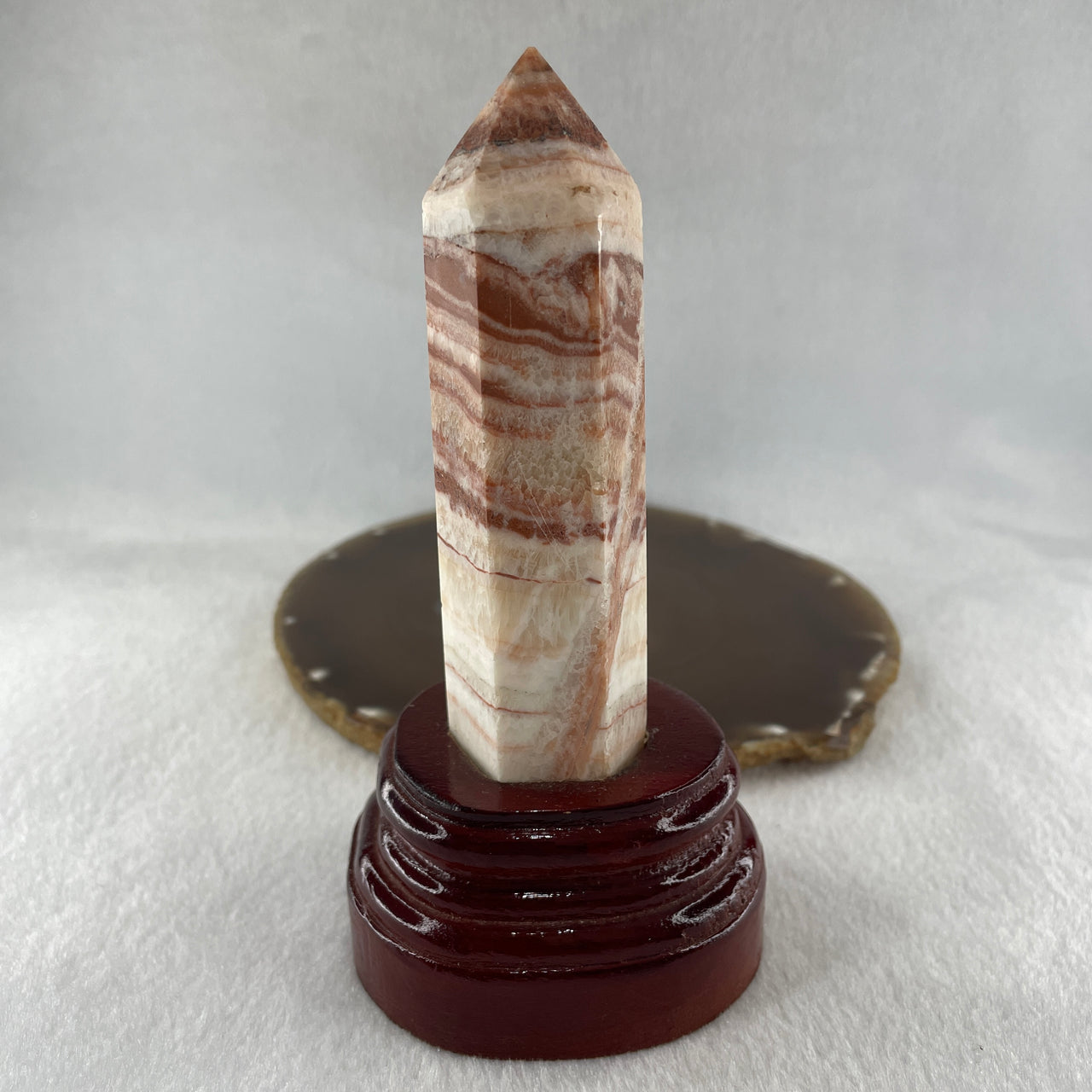Natural Pink Calcite Tower with Wooden Stand Display 224.79g 73.0 by 62.0 by 147.5mm - Huangs Jadeite and Jewelry Pte Ltd