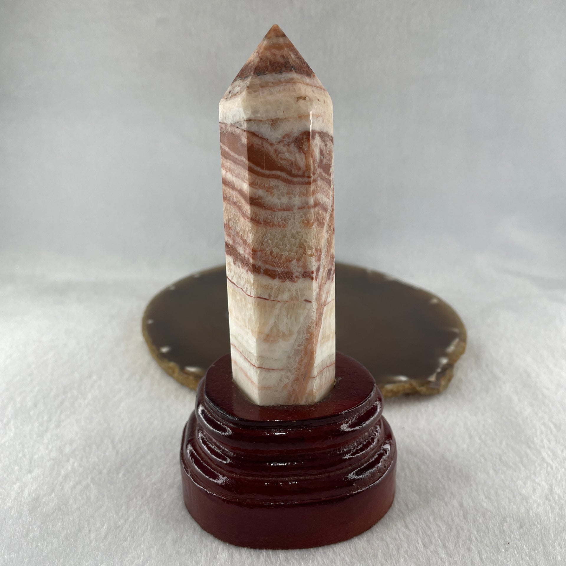 Natural Pink Calcite Tower with Wooden Stand Display 224.79g 73.0 by 62.0 by 147.5mm - Huangs Jadeite and Jewelry Pte Ltd