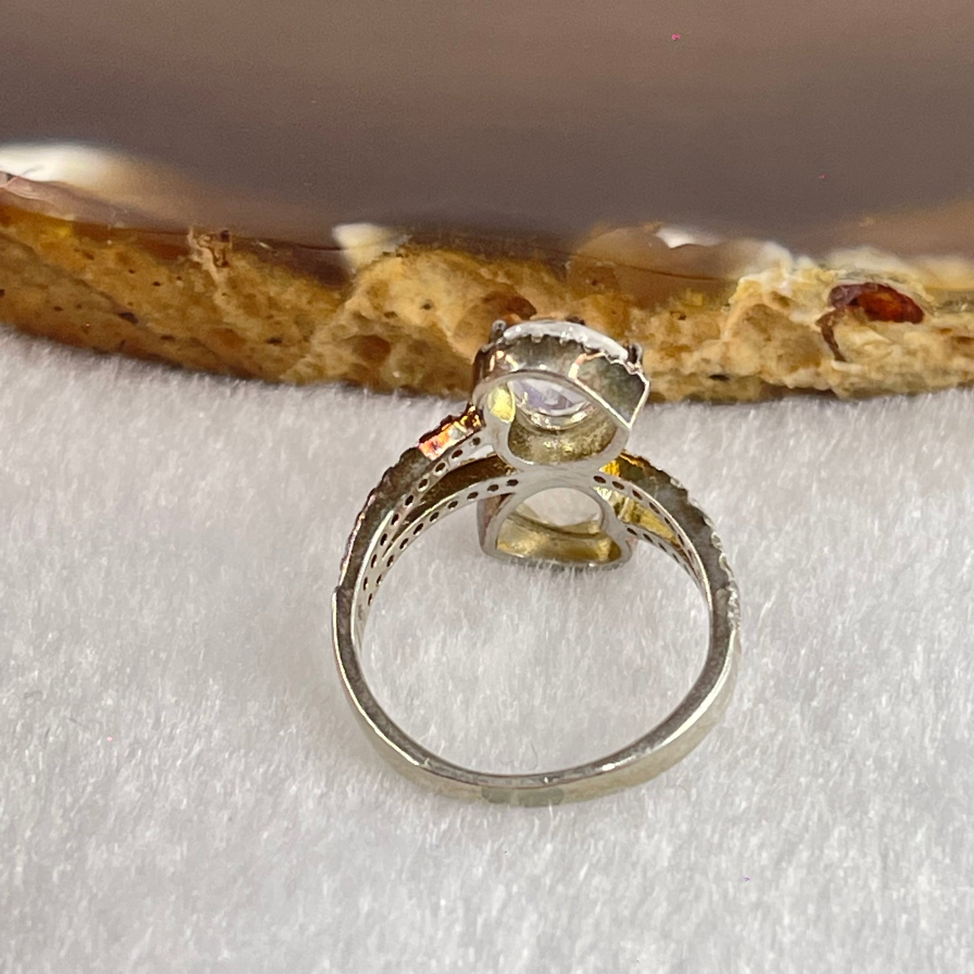 Natural Rainbow Moonstone with Crystals In S925 Sliver Ring (Adjustable Size) 3.10g 6.0 by 5.5 by 3.2mm - Huangs Jadeite and Jewelry Pte Ltd