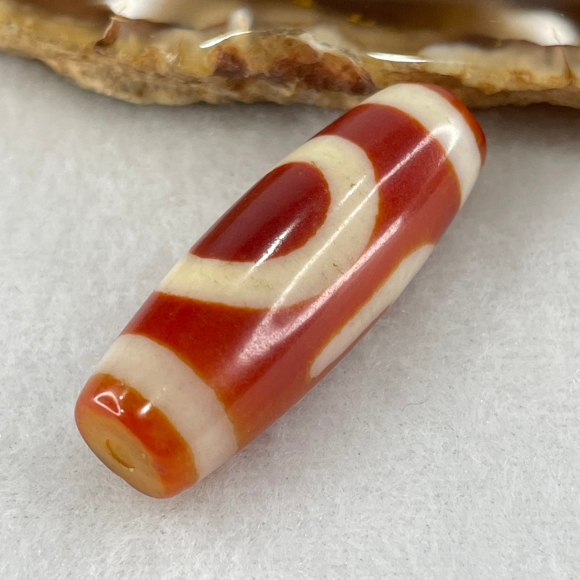 Natural Powerful Tibetan Old Oily Red White Agate One Eye Fire Sign Dzi Bead Heavenly Master (Tian Zhu) 一眼火天珠 10.81g 38.4 by 13.4mm - Huangs Jadeite and Jewelry Pte Ltd
