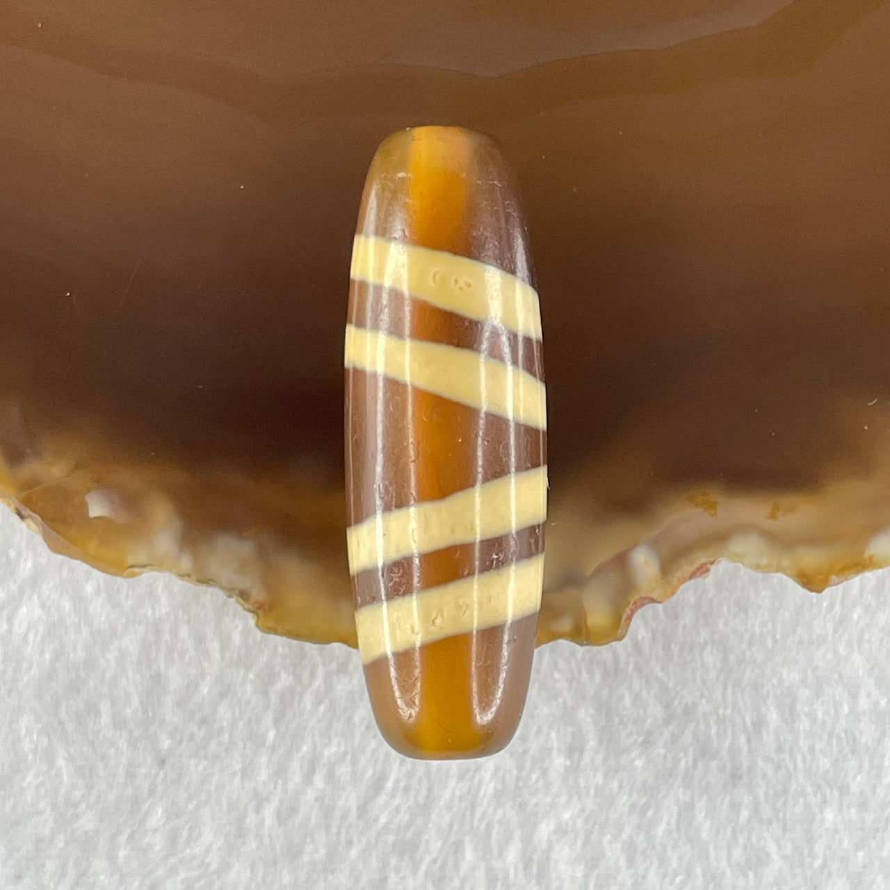 Natural Powerful Tibetan Old Oily Yellowish Brown with Yellowish White Agate 4 Lines Bead Heavenly Master (Tian Zhu) 9.39g 38.7 by 12.5mm - Huangs Jadeite and Jewelry Pte Ltd