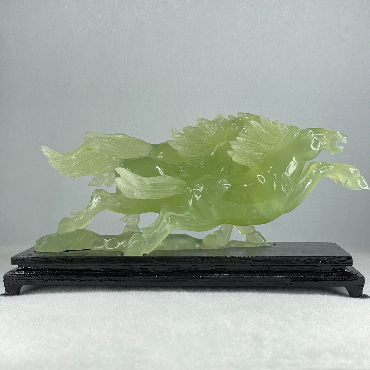 Natural Semi Icy Green Serpentine 3 Victory Horse with Wooden Stand Display 1,081.3g 242.0 by 106.0 by 124.0mm