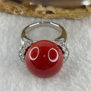 Rare Exceptional Grade Natural Round Red Coral 16.2mm with Natural Diamonds in PT900 Platinum Ring D0.85ct Total 16.2g US6.75 HK14.5 - Huangs Jadeite and Jewelry Pte Ltd