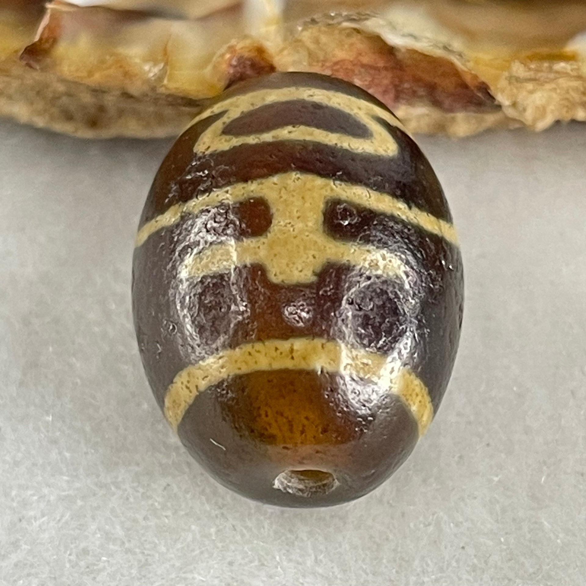 Natural Powerful Tibetan Old Oily Agate Double Nectar Vessel Dzi Bead Heavenly Master (Tian Zhu) 双花蜜容器眼天 6.08g 19.8 by 14.8mm - Huangs Jadeite and Jewelry Pte Ltd