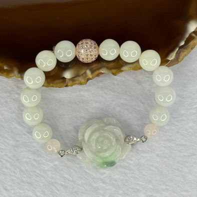 Type A Green Piao Hua Jadeite with Rose Flower 23.9 by 22.0 by 10.7 mm Bracelet 25.45g 8.8mm/ 12 Beads - Huangs Jadeite and Jewelry Pte Ltd