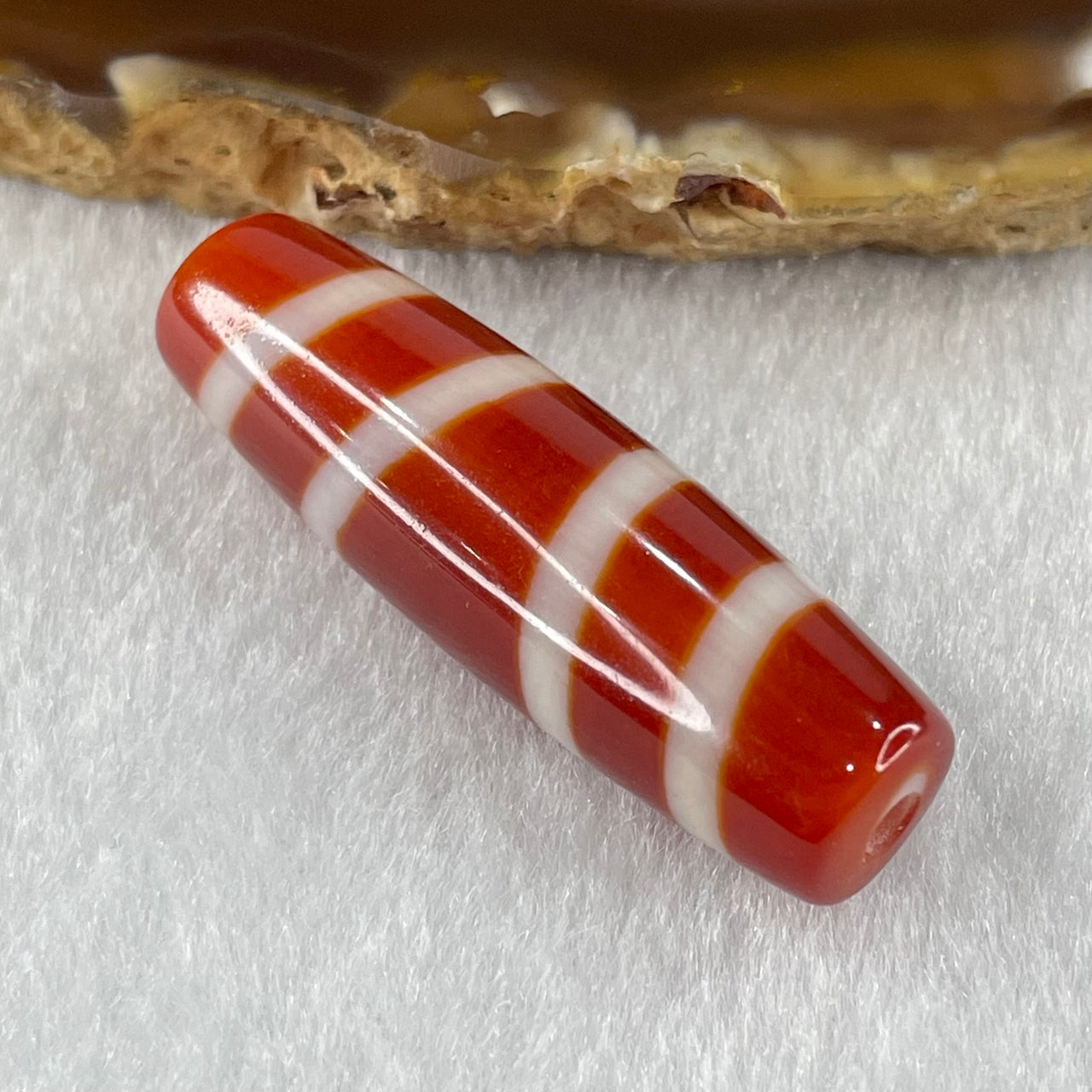 Natural Powerful Tibetan Old Oily Red White Agate 4 Lines Bead Heavenly Master (Tian Zhu) 8.58g 39.1 by 11.8mm - Huangs Jadeite and Jewelry Pte Ltd