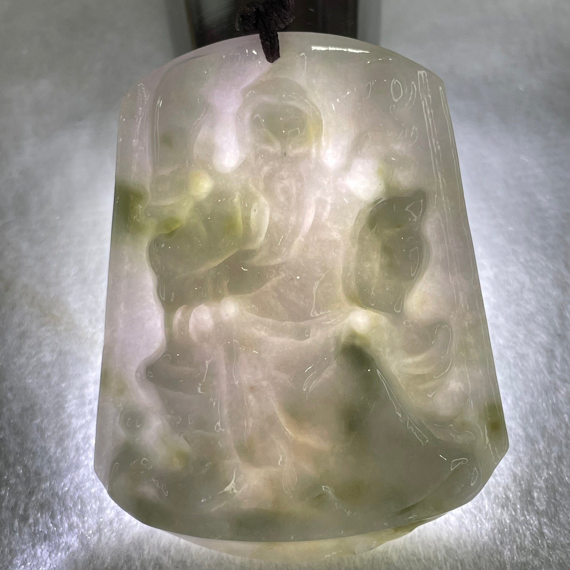 Type A Faint Lavender Green Jadeite Guan Gong Pendant 44.09g 54.8 by 43.4 by 9.8mm (Slight Rough on Bottom) - Huangs Jadeite and Jewelry Pte Ltd