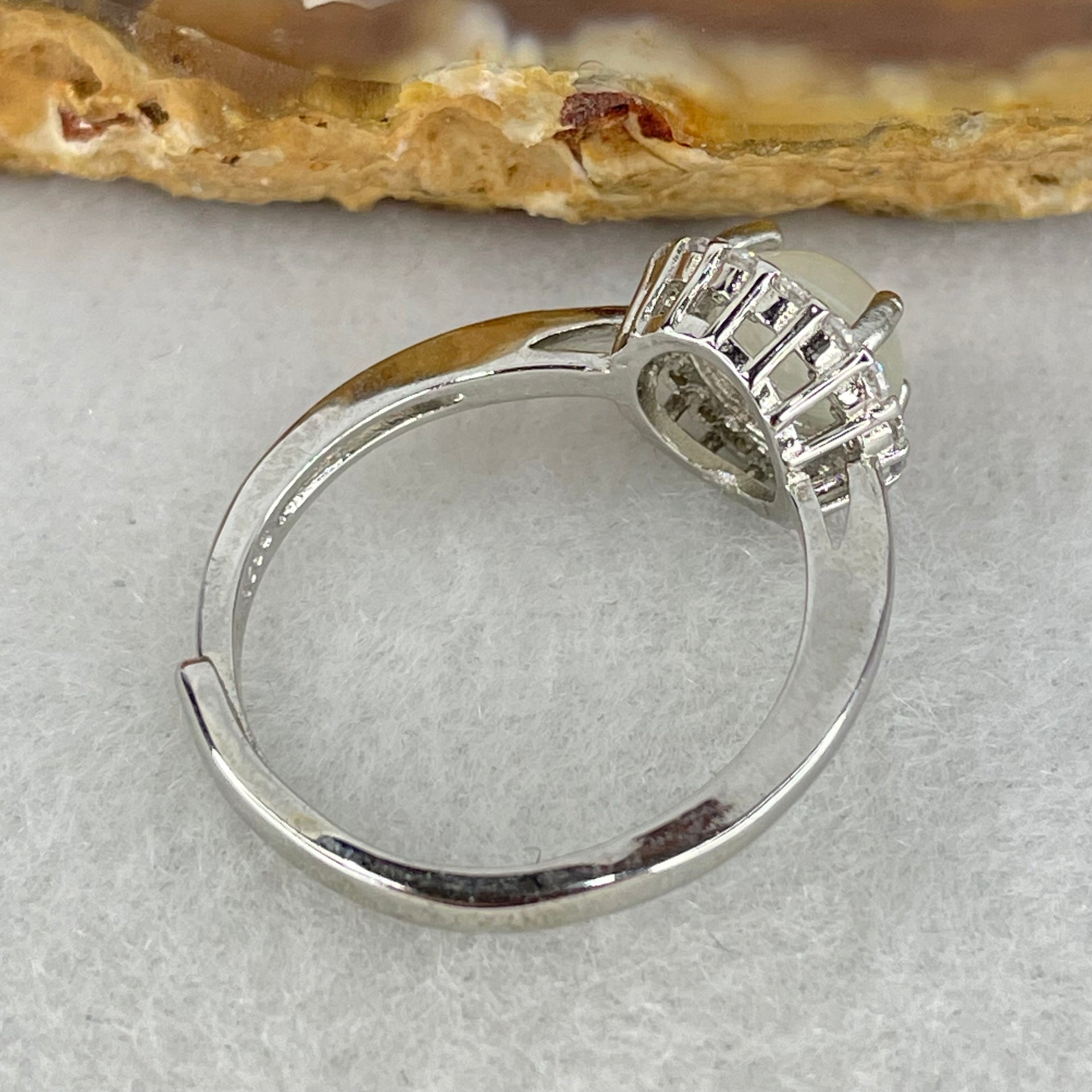 Type A Semi Icy Faint Green Jadeite Cabochon in S925 Sliver Ring (Adjustable Size) 2.04g 6.5 by 4.0mm - Huangs Jadeite and Jewelry Pte Ltd