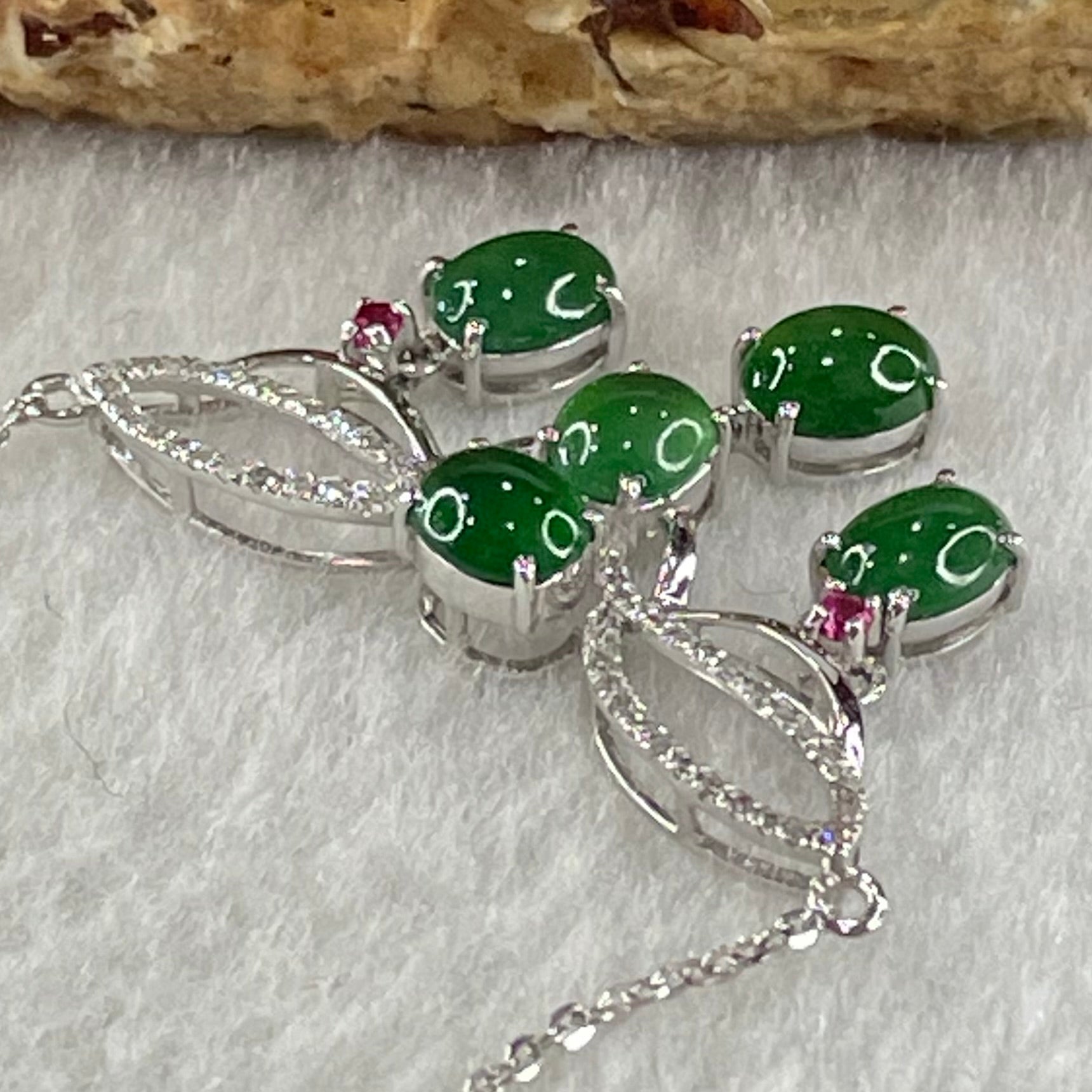 Type A Icy Green Cabouchons with Diamonds in 18K White Gold Necklace 3.48g each about 4.9 by 3.9 by 2.8mm 5 pieces - Huangs Jadeite and Jewelry Pte Ltd
