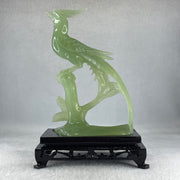 Natural Green Serpentine Phoenix Birds on Tree with Wooden Stand Display 366.6g 139.0 by 198.0 by 75.0mm - Huangs Jadeite and Jewelry Pte Ltd