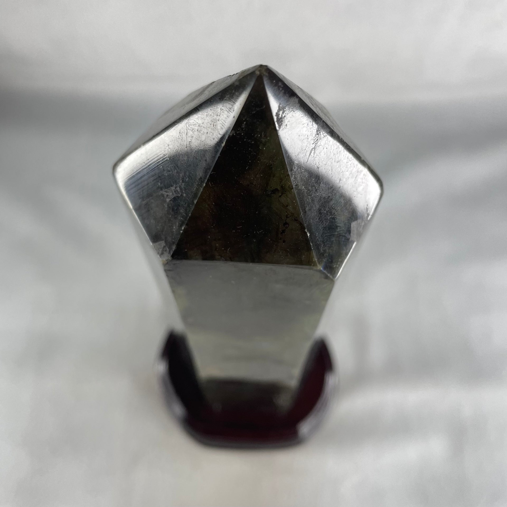 Good Grade Natural Labradorite Tower with Wooden Stand Display 1109.6g 260.5 by 192.7 by 75.2mm - Huangs Jadeite and Jewelry Pte Ltd