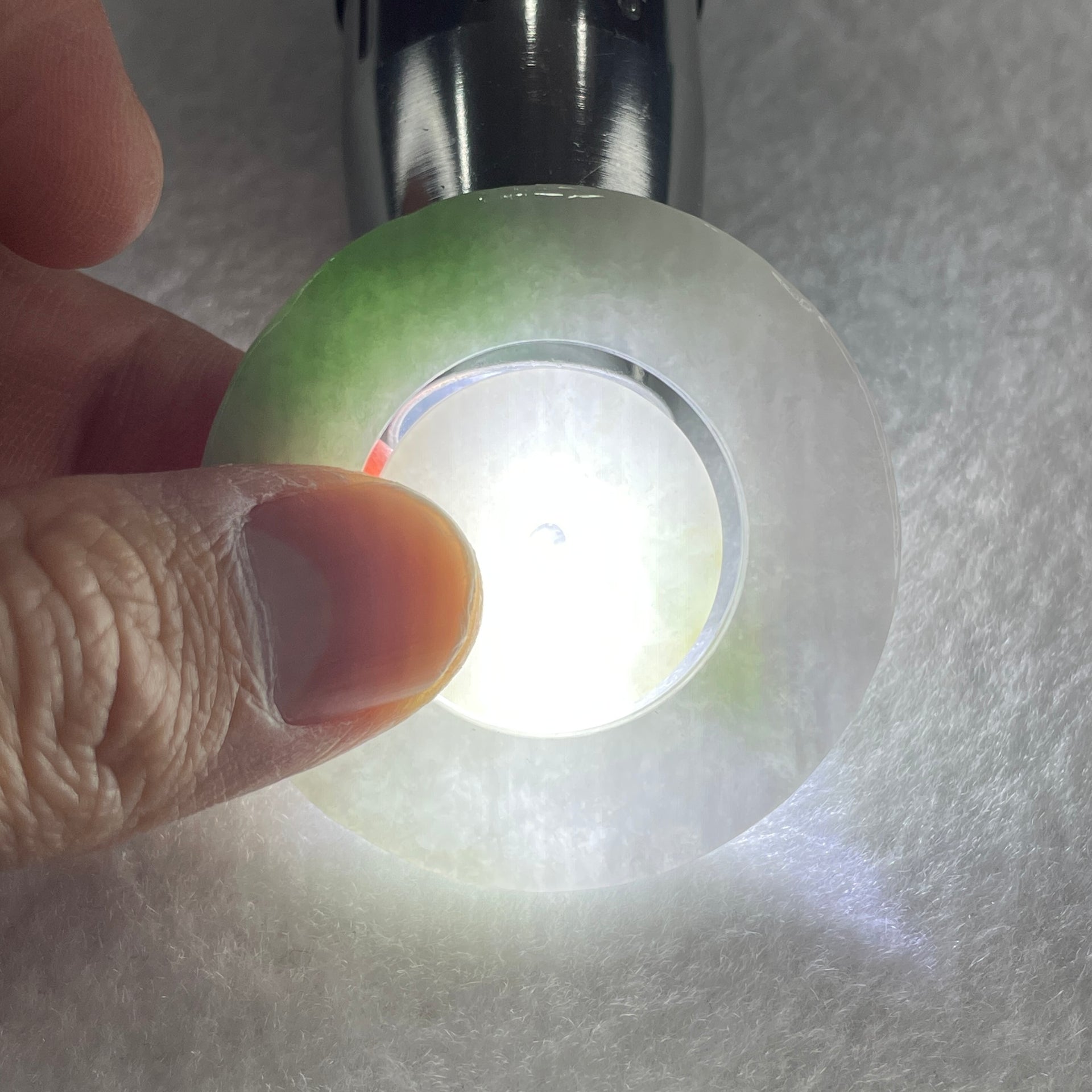 Natural Type A Faint Lavender with Green Patches Jadeite Double Ping An Kou Donut Pendant 21.47g 44.3 by 4.7mm ( 23.3 by 4.5mm ) - Huangs Jadeite and Jewelry Pte Ltd