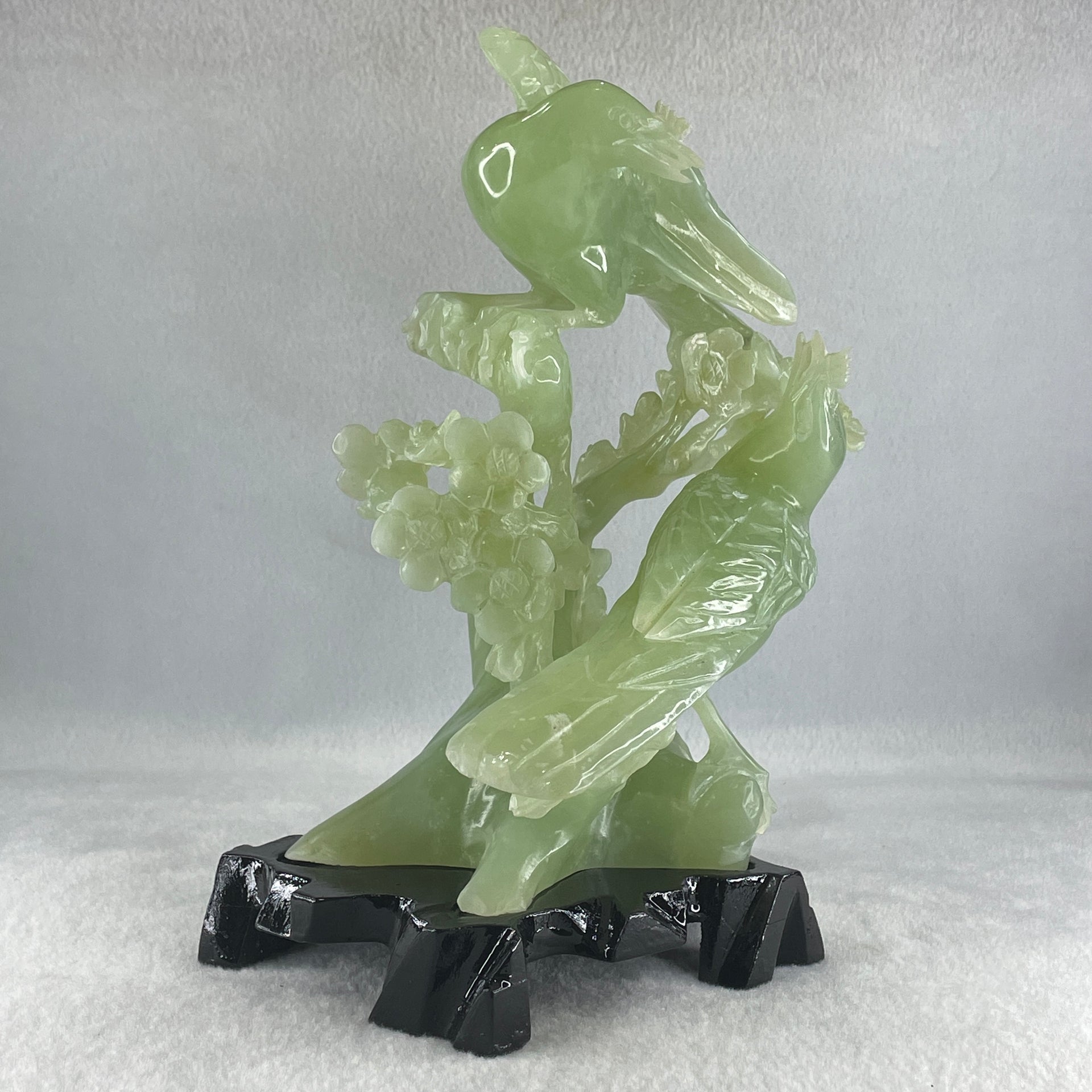 Natural Light Green Serpentine Javan Mynah Twin Birds on Flower Tree with Wooden Stand Display 1,043.4g 115.0 by 125.0 by 210.0mm - Huangs Jadeite and Jewelry Pte Ltd