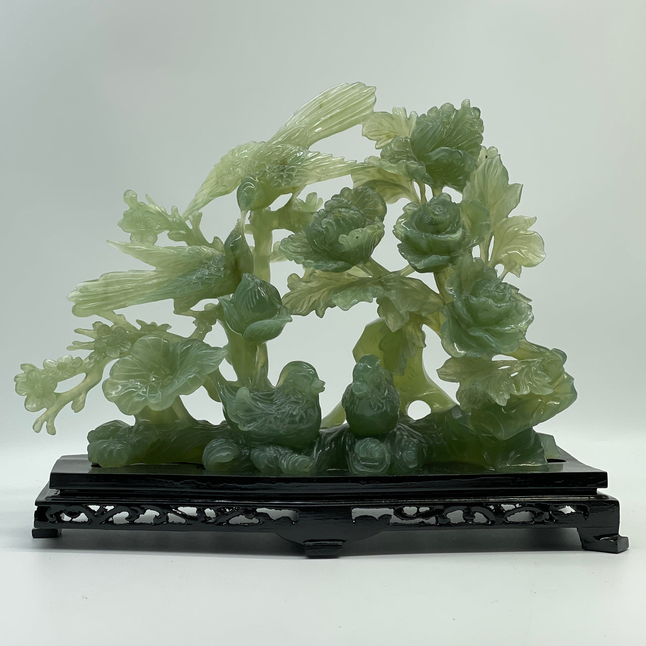 Natural Jelly Green Serpentine Double Birds with Twin Ducks on Flower Tree with Wooden Stand Display 1,705.0g 290.0 by 134.0 by 230.0mm