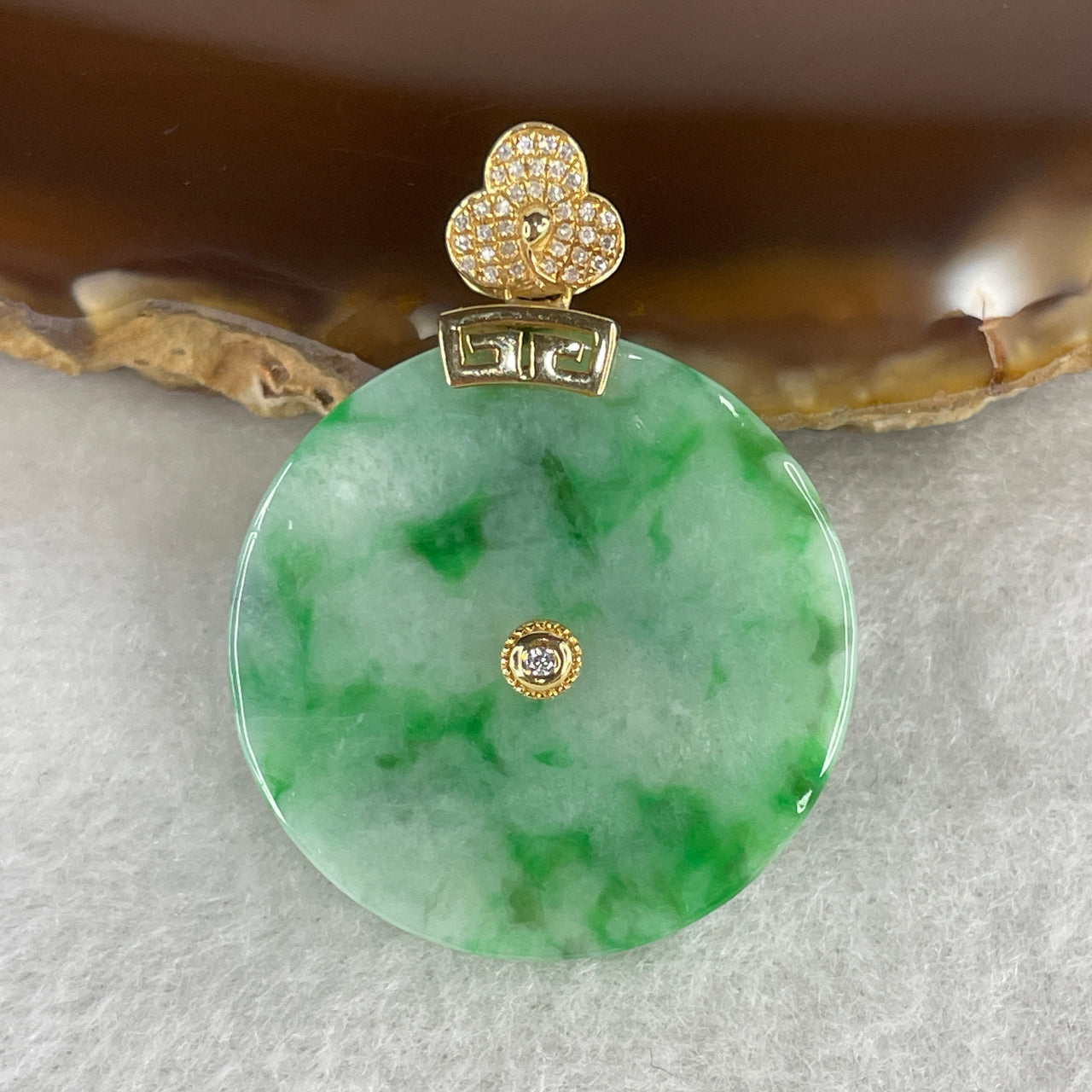 Natural Type A Jadeite Ping An Kou Pendant with Brilliant Diamonds in 18K Rose Gold | 28.5x5.5mm Light Green with Vibrant Emerald Green "Piao Hua" Clouds | High-Luxury Floating Flower Donut Heirloom (13.14g)