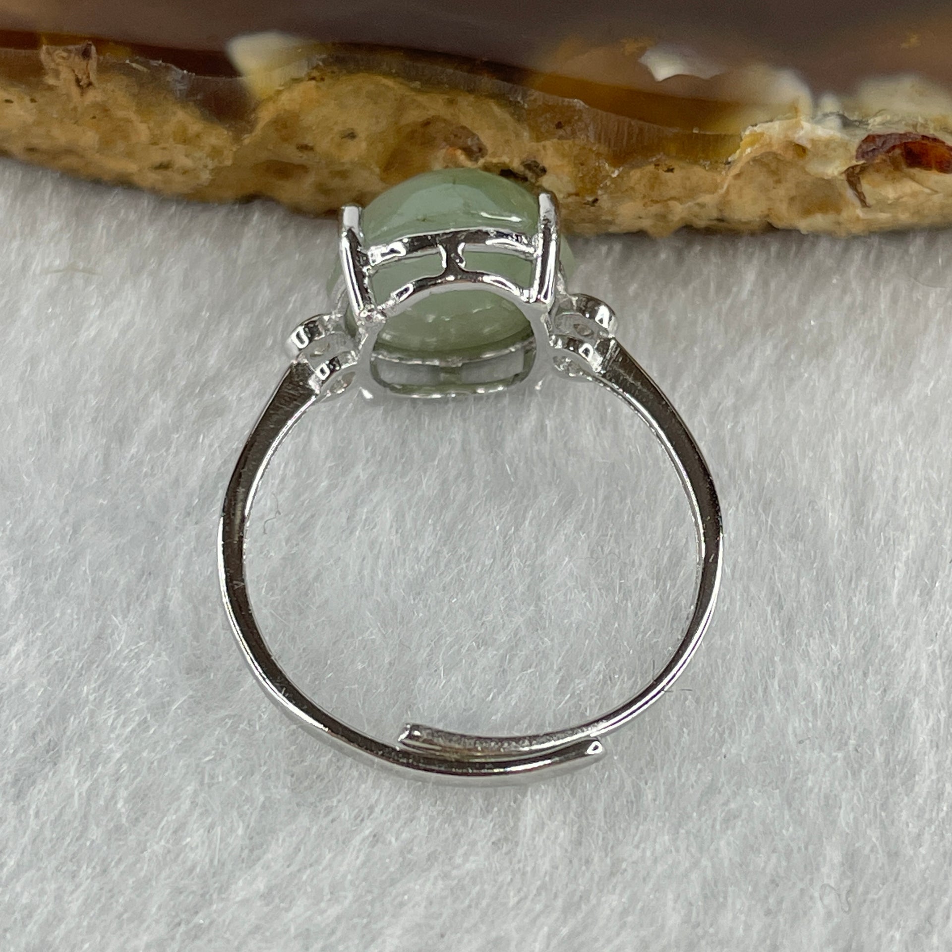 Natural Type A Semi Icy Faint Green Jadeite Oval Shape Cabouchon in S925 Silver Ring (Adjustable Size) 2.04g 11.0 by 9.4 by 5.5mm - Huangs Jadeite and Jewelry Pte Ltd