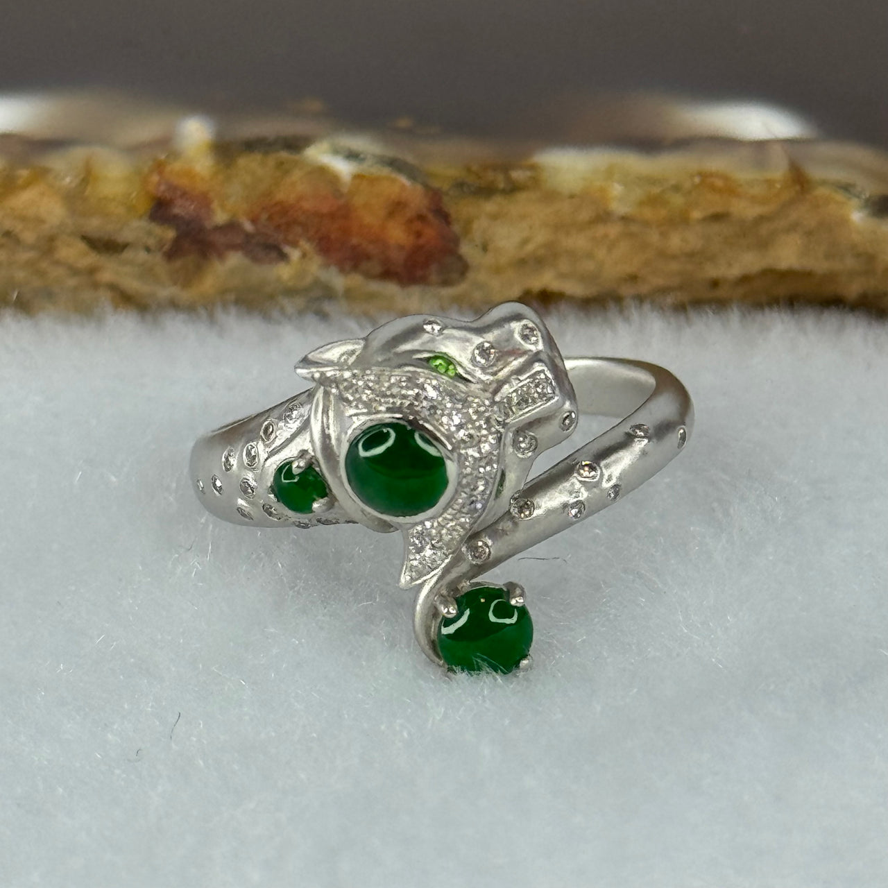 Type A Burmese Full Spicy Green Jade Jadeite Leopard 18K White Gold Ring with Diamonds 3.36g US6.75 HK15 Inner Dia 17.4mm - Huangs Jadeite and Jewelry Pte Ltd