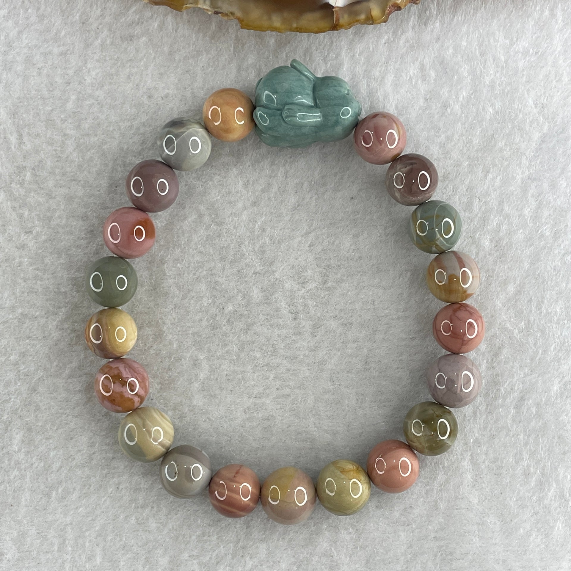 Natural Alashan Agate Pastels Pink Beads with Rabbit Charm Bracelet 21.69g 15.5cm 8.8mm 20Beads - Huangs Jadeite and Jewelry Pte Ltd