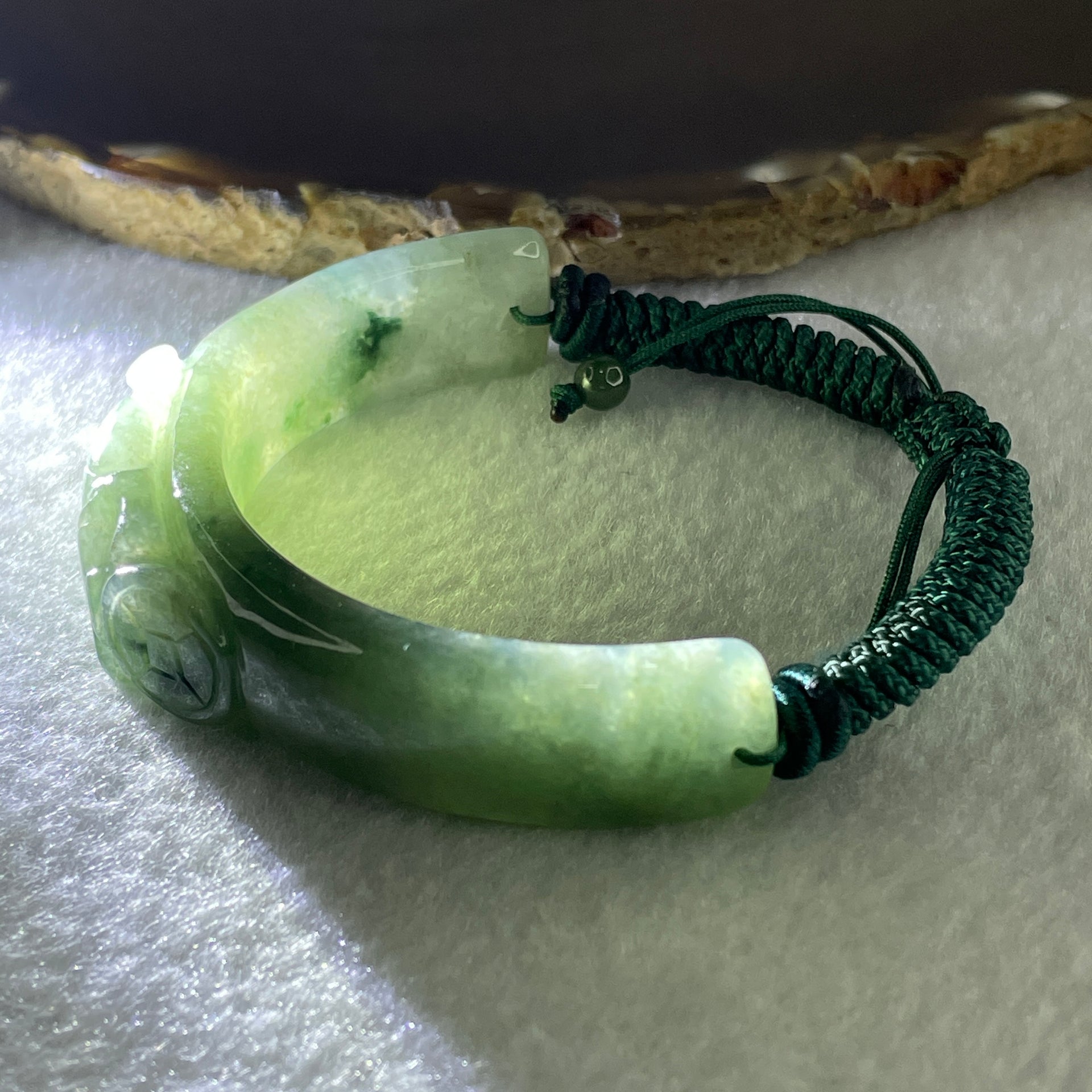 Natural Type A Jelly Green with Dark Green Piao Hua Jadeite Carp Fish with Coin Bracelet 37.48g 16cm 14.0 by 11.8mm - Huangs Jadeite and Jewelry Pte Ltd
