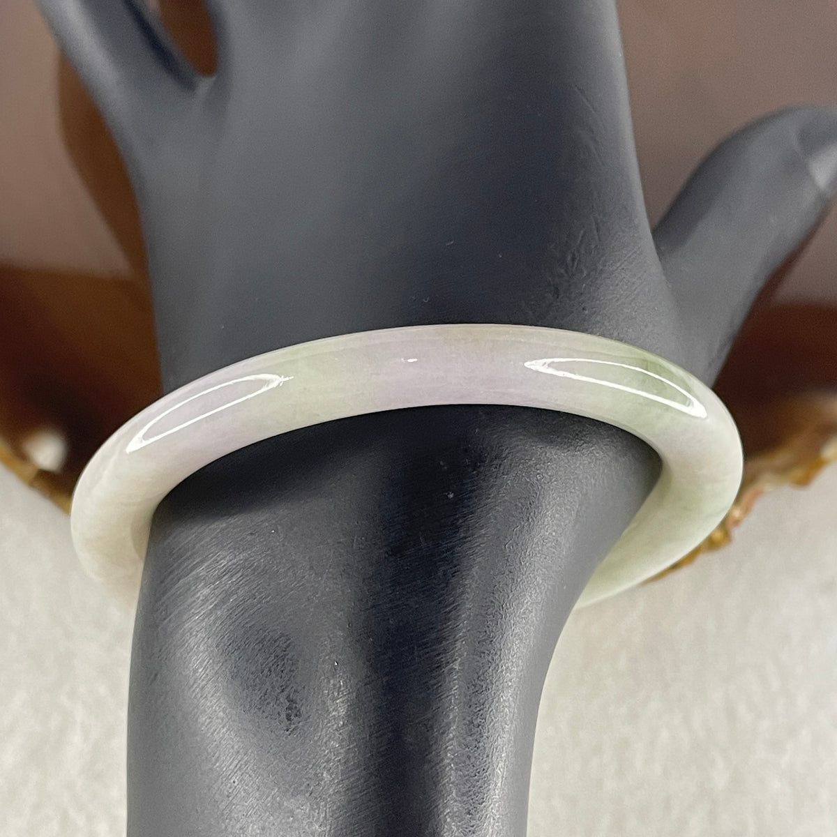Natural Type A Light Green with Lavender Piao Hua Jadeite Flat Ding Dang Bangle 25.41g Inner Diameter 51.6mm 6.7 by 7.7mm (Slight Internal Line) - Huangs Jadeite and Jewelry Pte Ltd