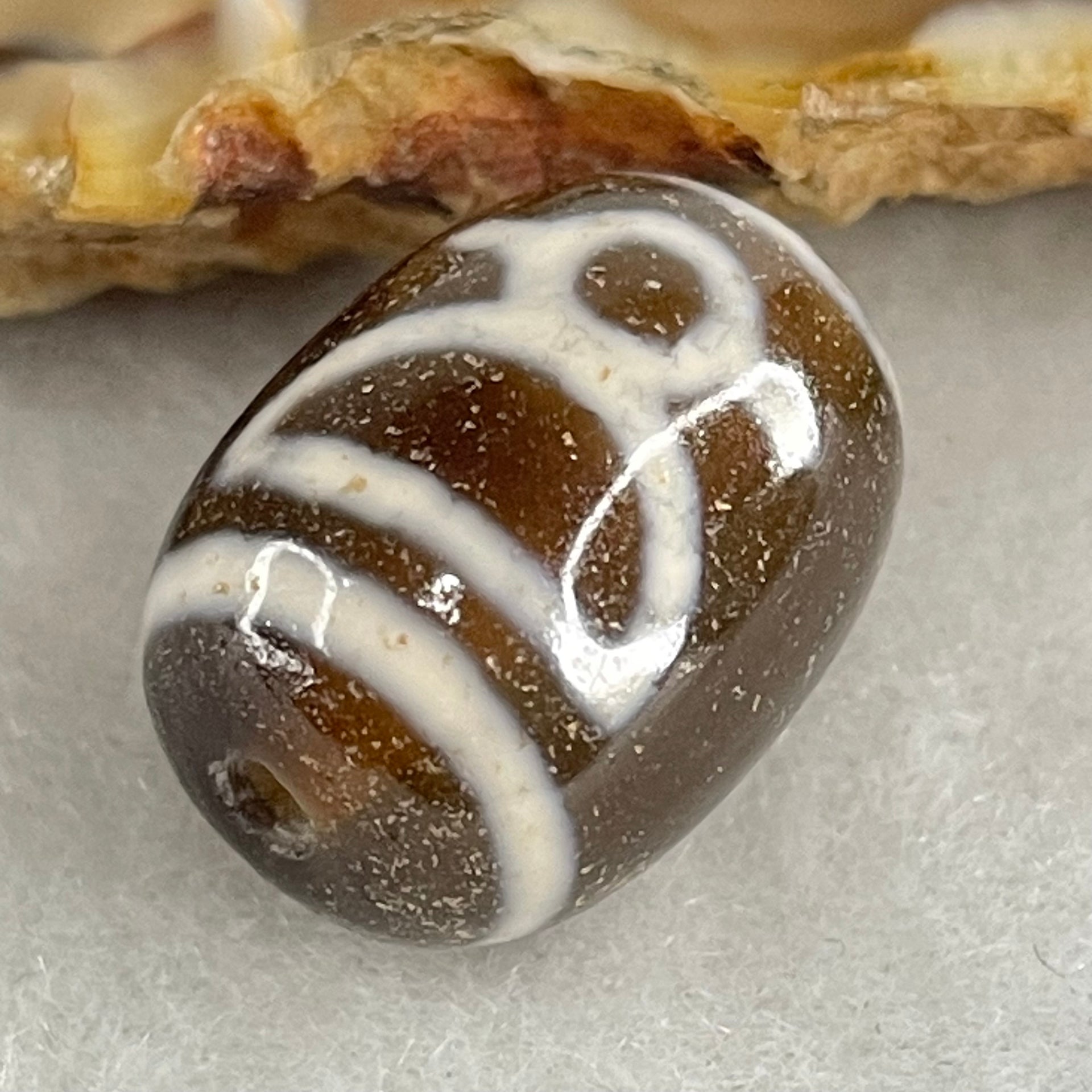 Natural Powerful Tibetan Old Oily Double Agate Cai Shen Dzi Bead Heavenly Master (Tian Zhu) 财神长天珠 4.62g 17.5 by 13.1mm - Huangs Jadeite and Jewelry Pte Ltd