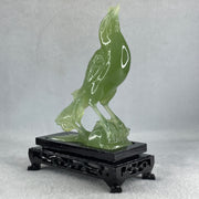 Natural Green Serpentine Javan Mynah Birds on Tree with Wooden Stand Display 353.6g 122.0 by 174.0 by 63.5mm - Huangs Jadeite and Jewelry Pte Ltd