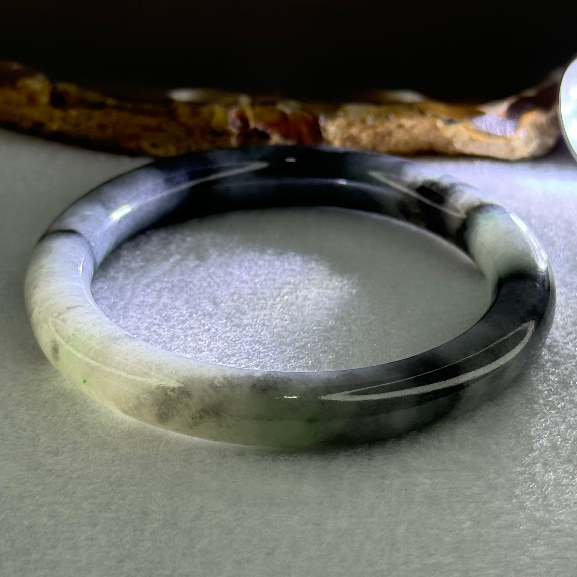 Type A Faint Green and Greyish Black Piao Hua Jadeite Bangle Internal Diameter 50.9mm 35.22g 8.6 by 8.4mm (Very Slight Internal Lines) - Huangs Jadeite and Jewelry Pte Ltd