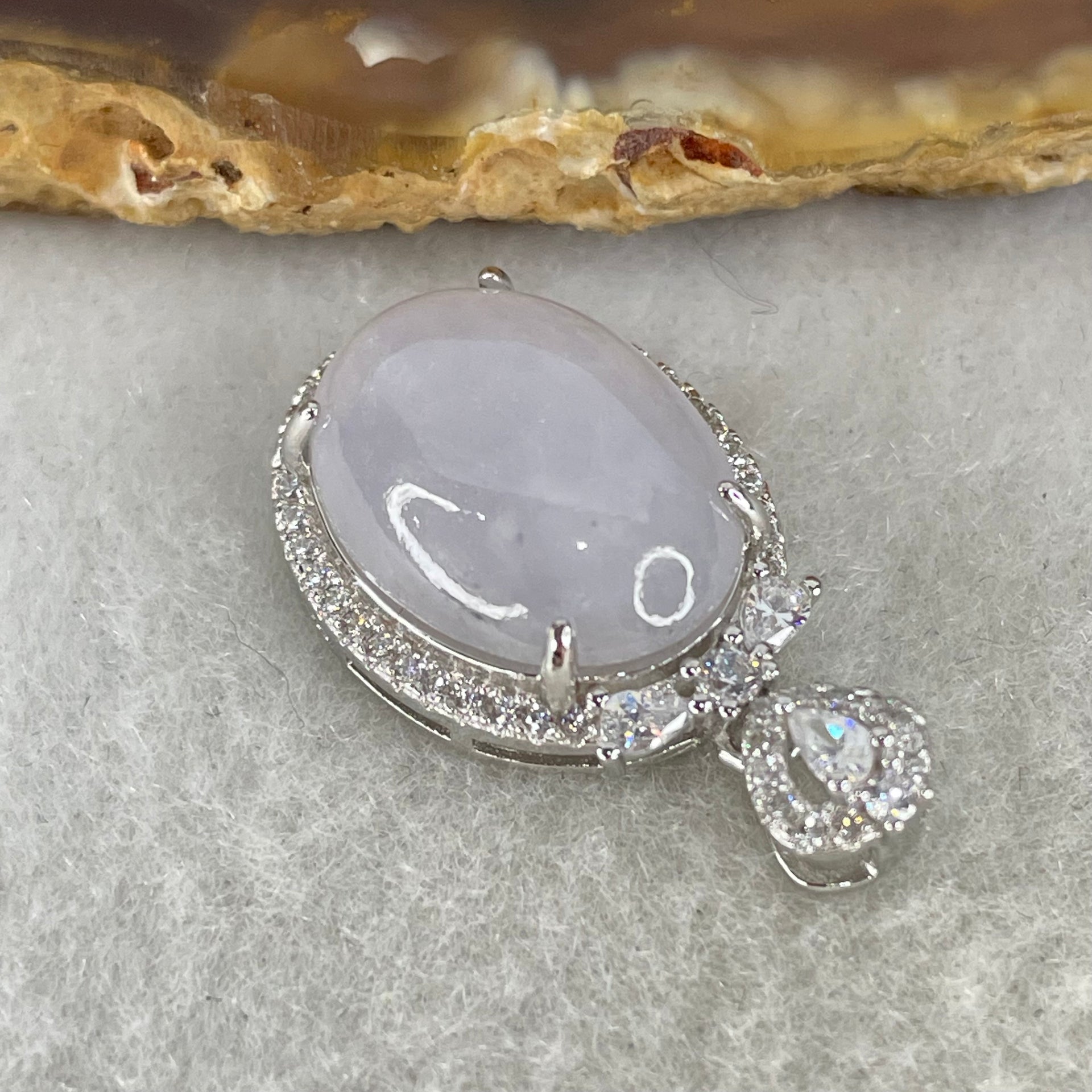 Type A Deep Lavender Cabochon Jadeite in S925 Sliver with Crystal Charm 4.30g 15.6 by 11.7 by 5.0mm - Huangs Jadeite and Jewelry Pte Ltd