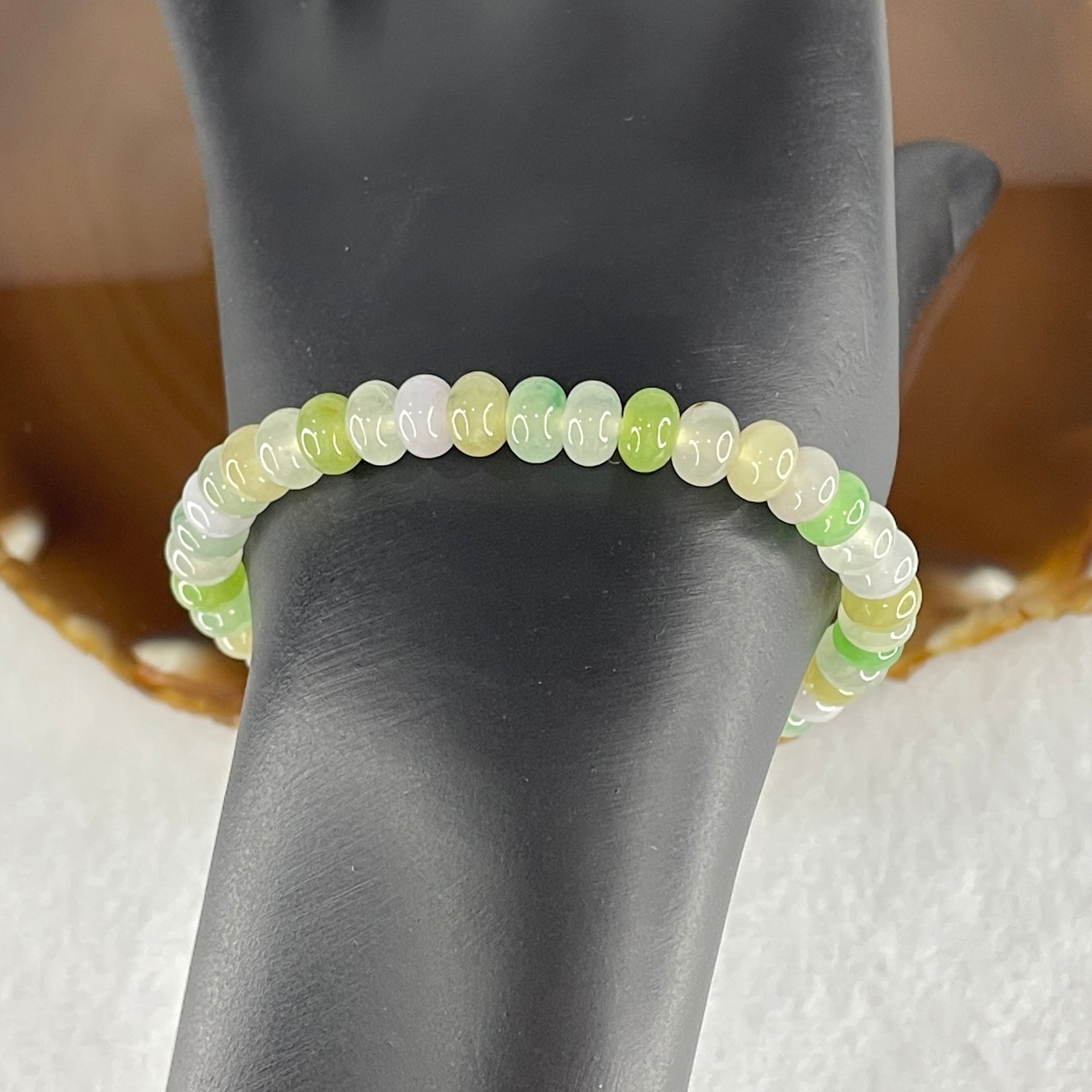 Natural Type A Muti Green with Lavender Yellowish Jadeite Donut Bracelet 12.93g 15cm 6.3mm 42 Beads - Huangs Jadeite and Jewelry Pte Ltd