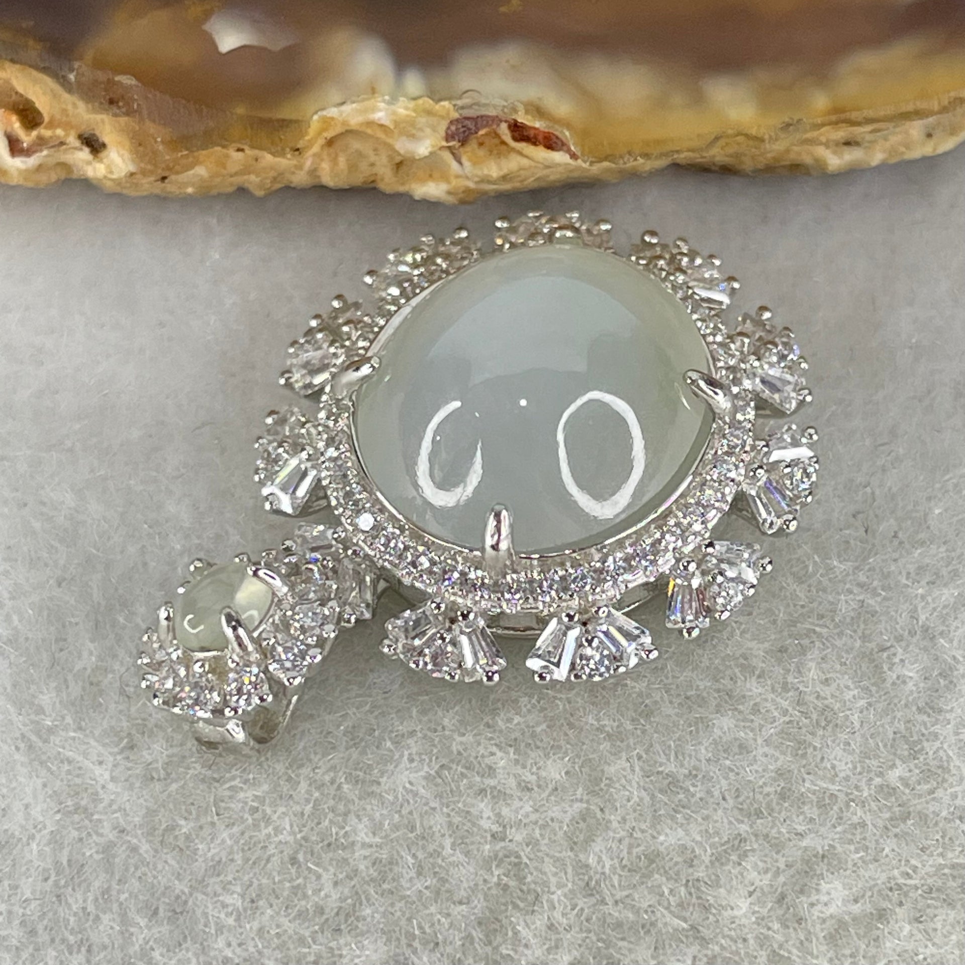 Type A Icy Deep Lavender Cabochon Jadeite in S925 Sliver with Crystal Charm 3.78g 12.8 by 11.9 by 6.0mm - Huangs Jadeite and Jewelry Pte Ltd