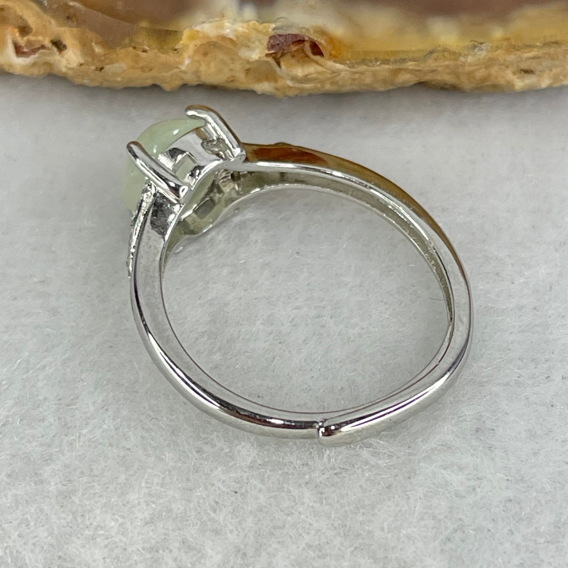 Type A Semi Icy Light Green Jadeite Cabochon in S925 Sliver Ring  (Adjustable Size) 1.70g 7.1 by 6.6 by 3.5mm - Huangs Jadeite and Jewelry Pte Ltd