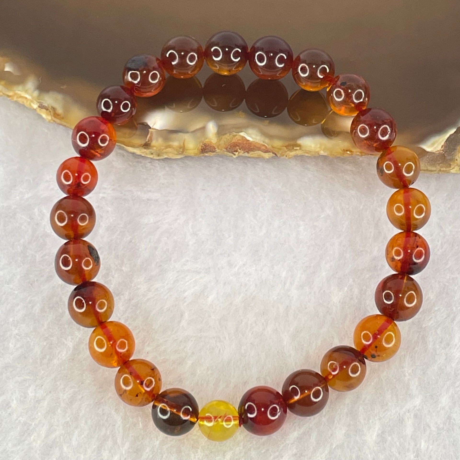 Natural Blood Red with Yellow Amber Beads Bracelet 4.88g 15cm 7.4mm 25 Beads - Huangs Jadeite and Jewelry Pte Ltd