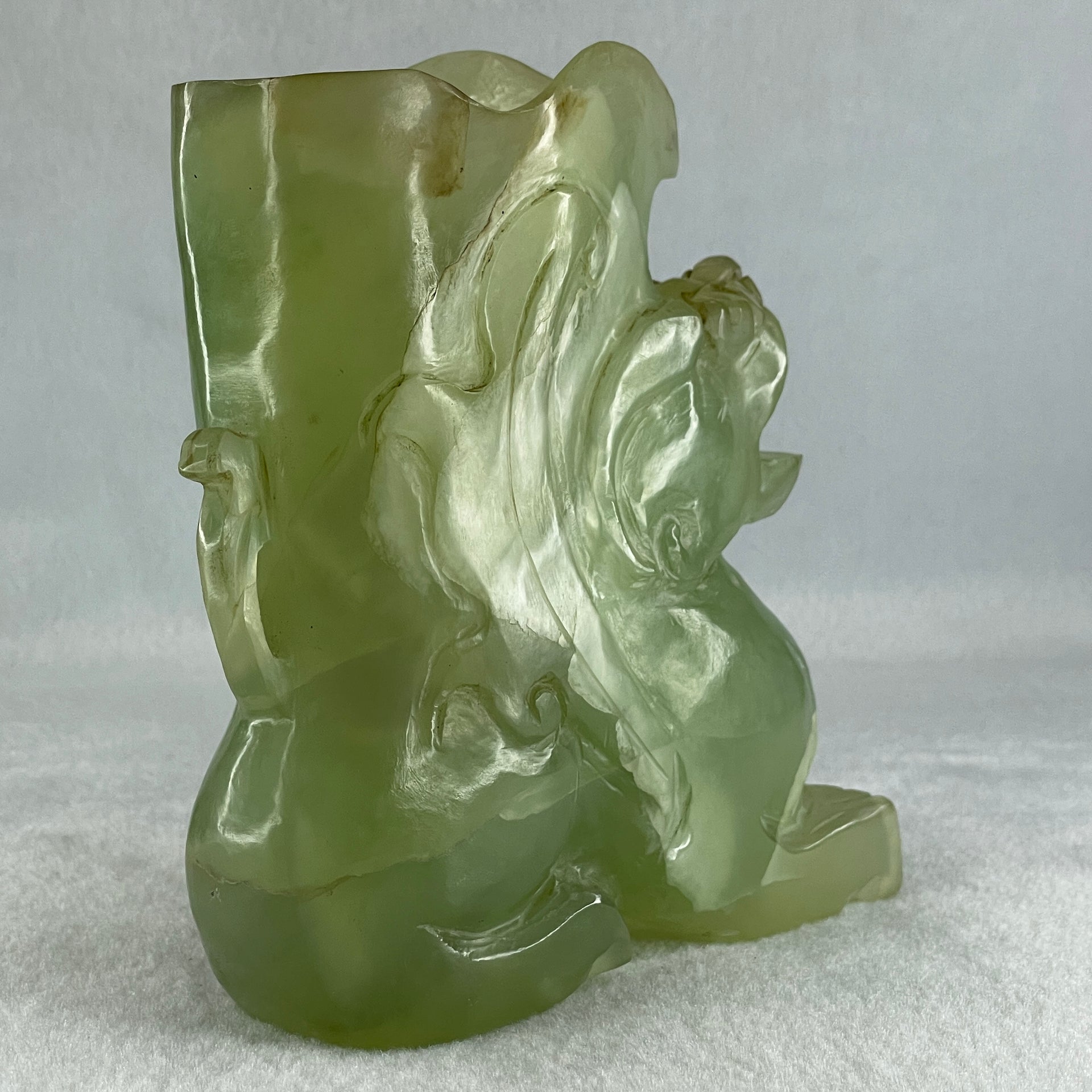 Natural Green Serpentine Pixiu Vase Display 989.6g 130.0 by 48.0 by 135.0mm - Huangs Jadeite and Jewelry Pte Ltd