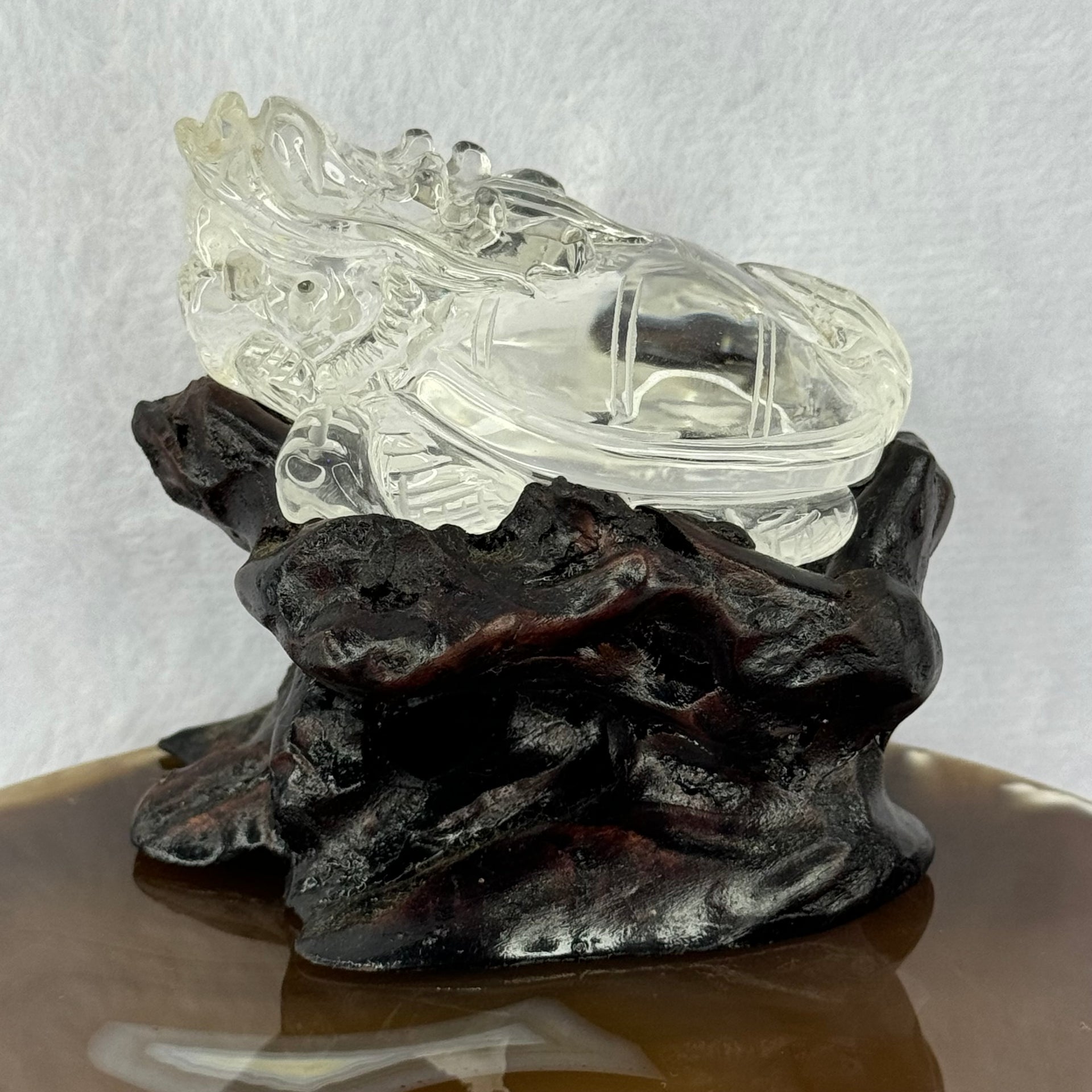 Natural Clear Quartz Dragon Turtle with Wooden Display 214.02g 78.8 by 66.1 by 75.6mm - Huangs Jadeite and Jewelry Pte Ltd